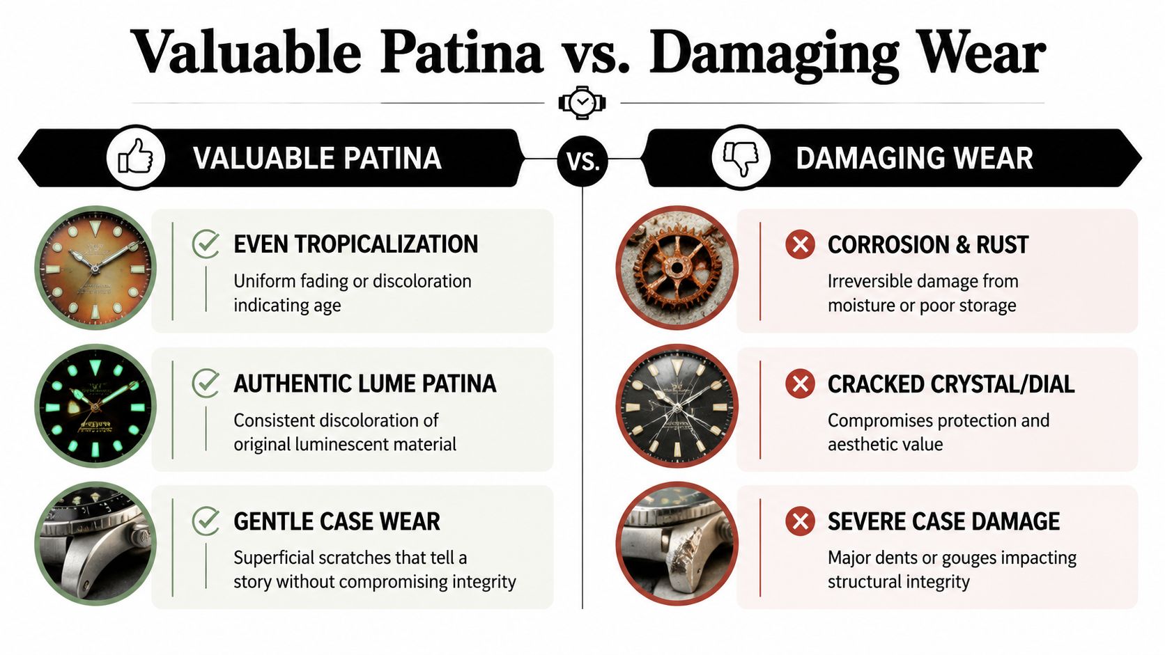 A comparison chart showing examples of valuable patina versus damaging wear on vintage luxury watches.