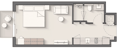 Floor plan of a 1-bedroom apartment at Windsor House II, showcasing room layout and dimensions.