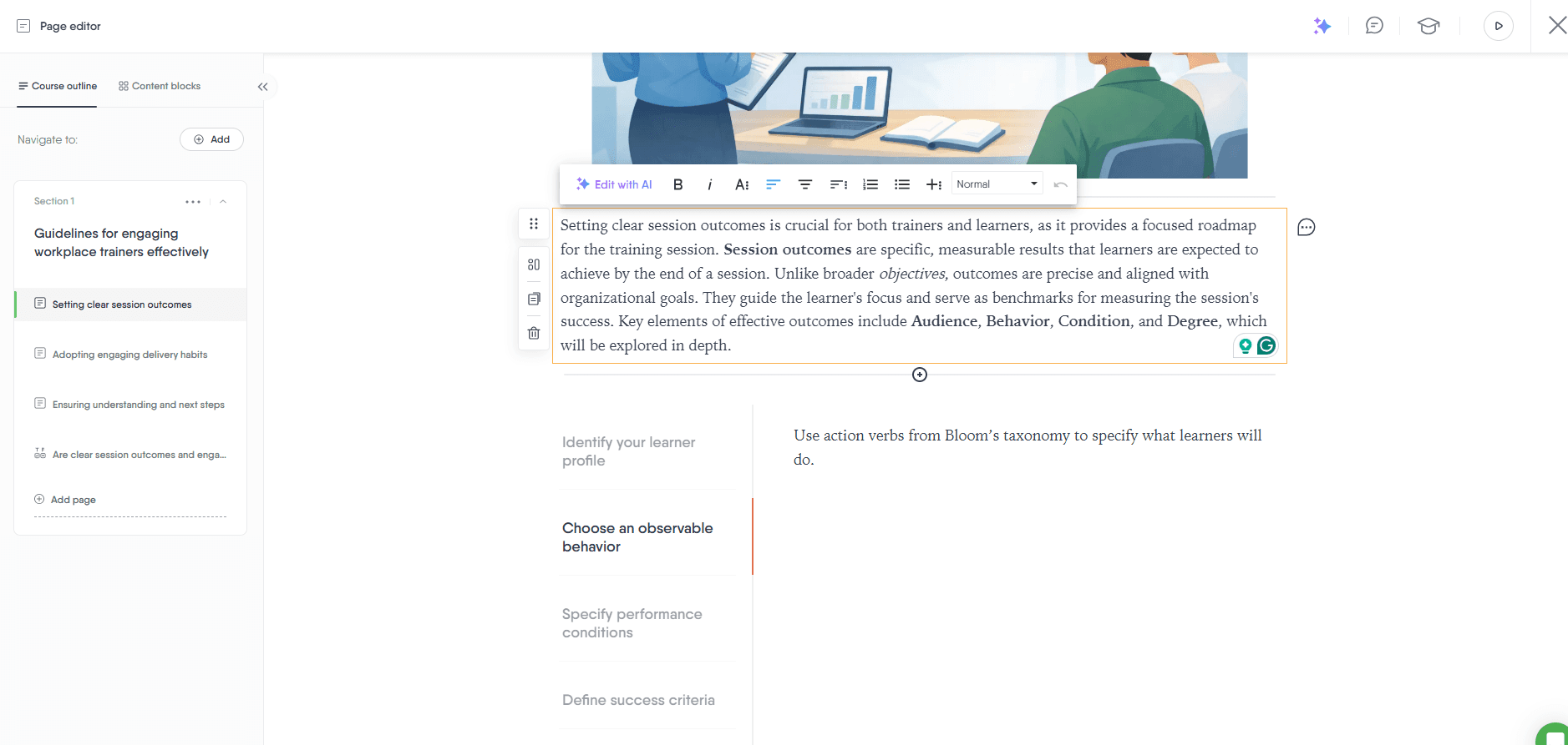 Easygenerator course page editor with course outline on the left and an ‘Edit with AI’ toolbar above the lesson text.