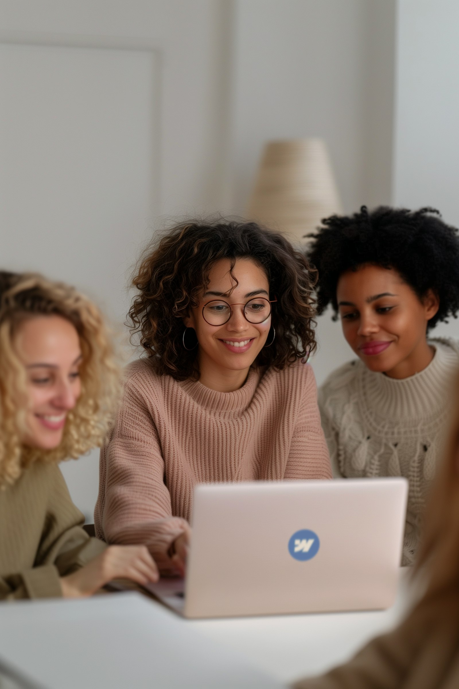 Three people with curly hair sit together at a table, engaged and smiling while looking at a laptop in a bright, modern workspace, emphasizing teamwork and collaboration.