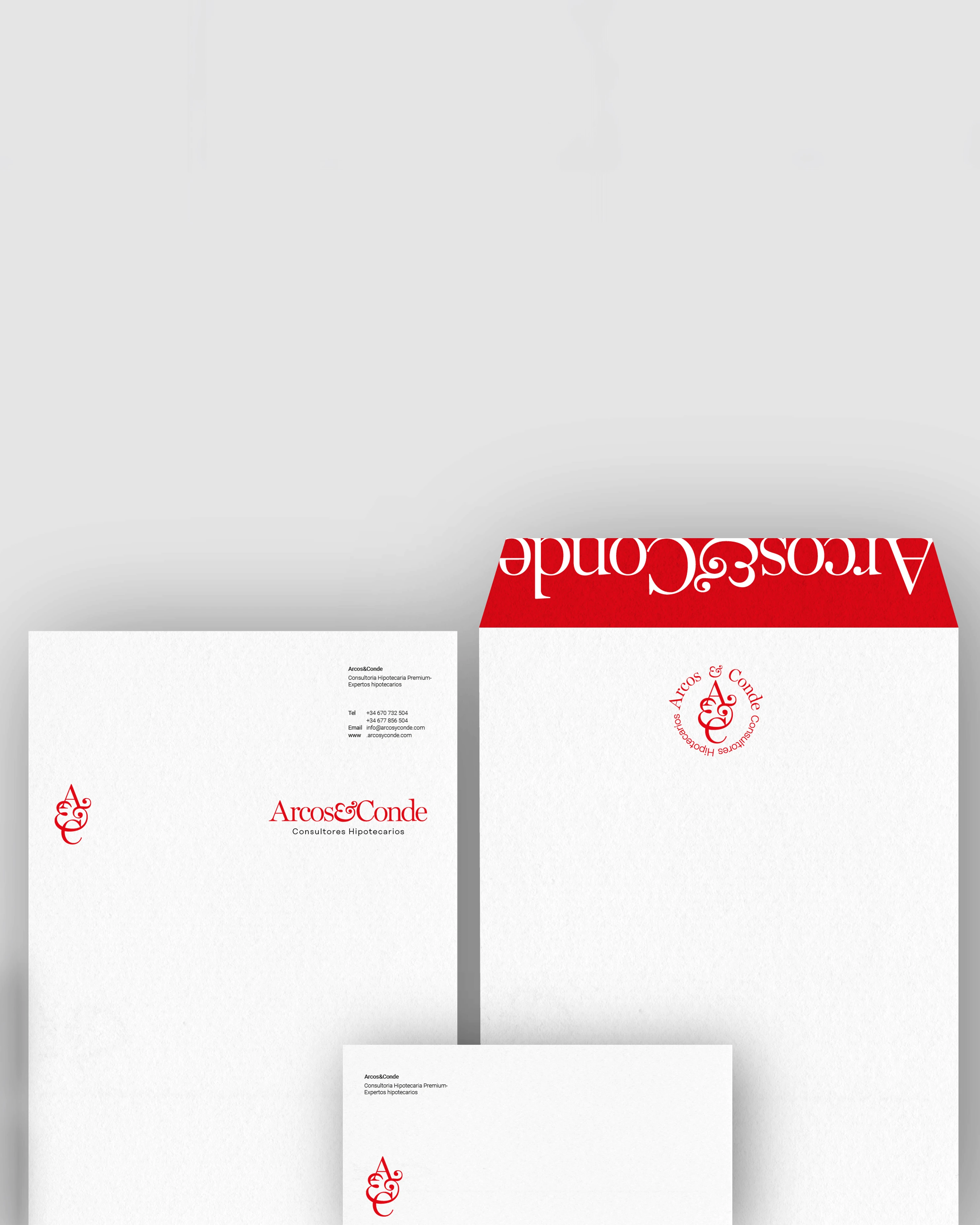 Arcos & Conde stationery set with letterhead, envelopes and card, brand identity design by Sebastian Saavedra