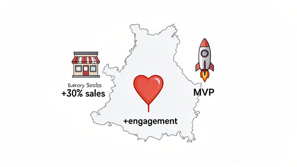 Graphic illustrating business success metrics: 30% sales increase, more engagement, and MVP launch.