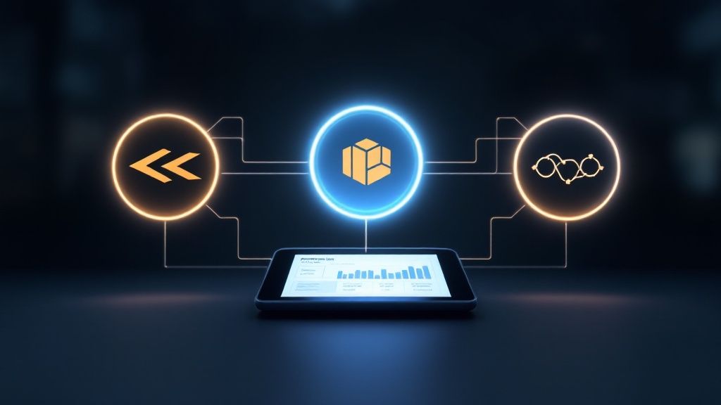 A person using a laptop with charts and graphs on the screen, analyzing data.