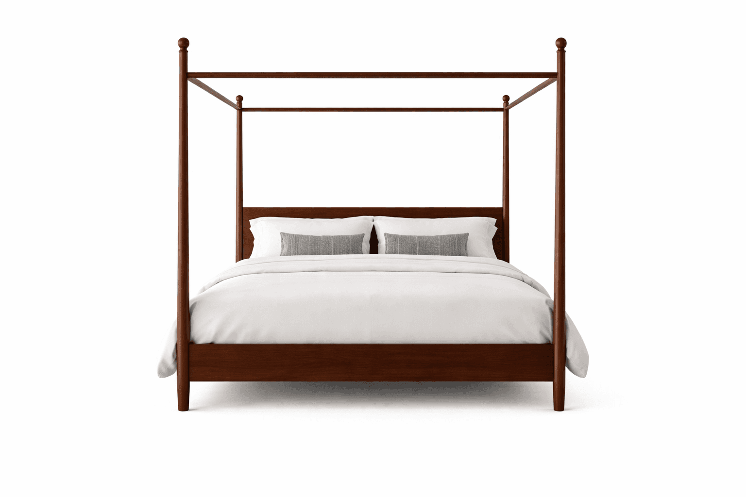 Canopy bed with clean-lined wooden frame and inset headboard