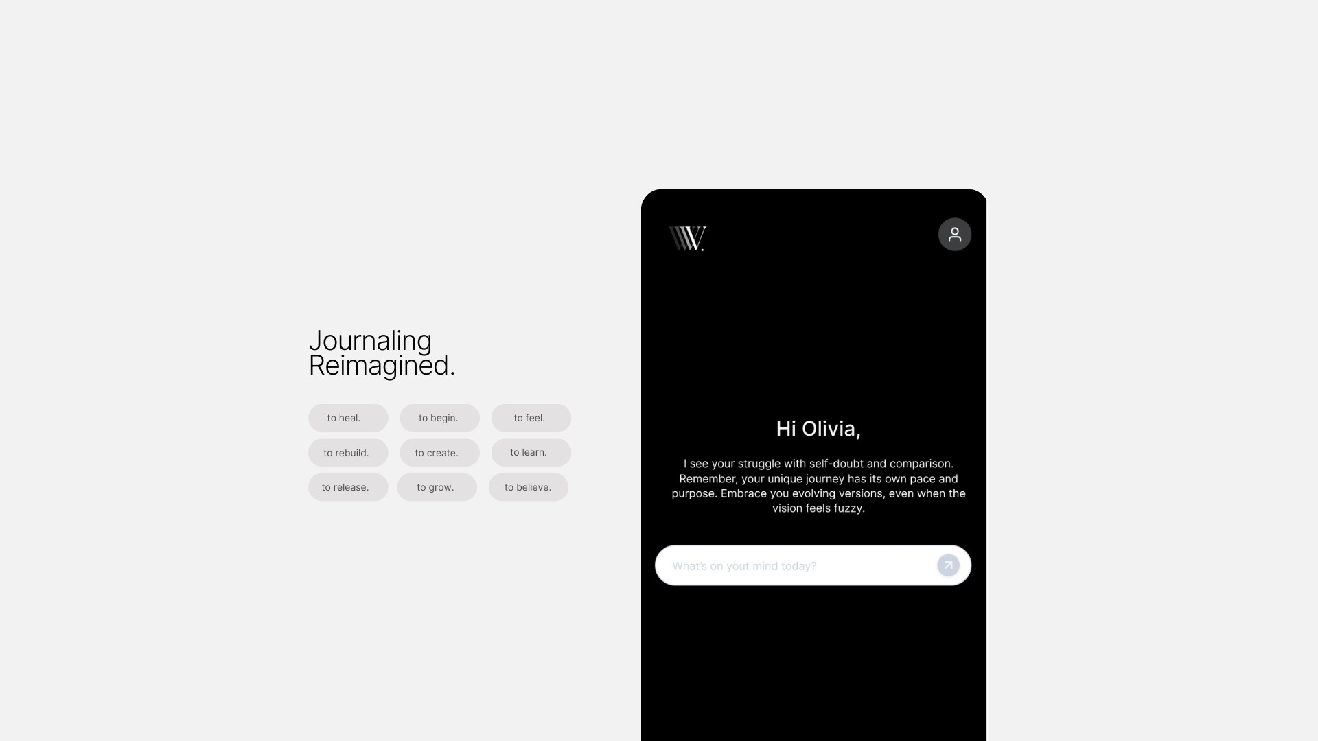 Versions app homepage displaying the journal chat feature