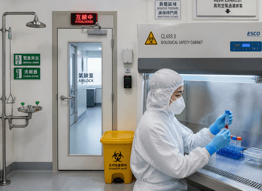 實驗室潔淨室工程人員在二級生物安全櫃操作,環境具備氣鎖室、負壓壓差控制及緊急淋浴系統。