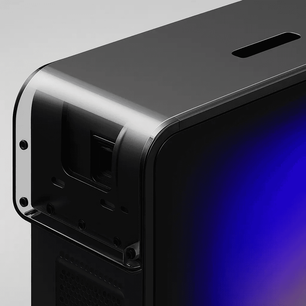 Close-up of a sleek black and silver tech device with a glossy metallic frame and a gradient blue display panel.