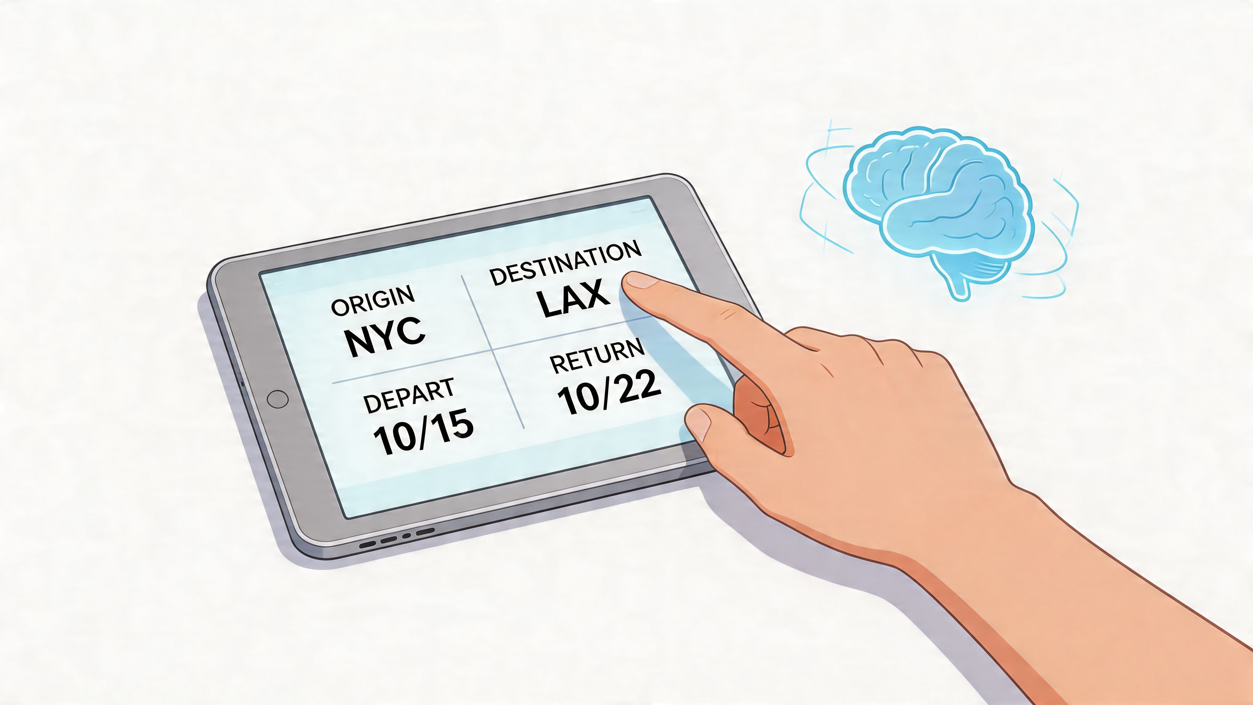 A hand using a tablet to book a flight from New York City to Los Angeles