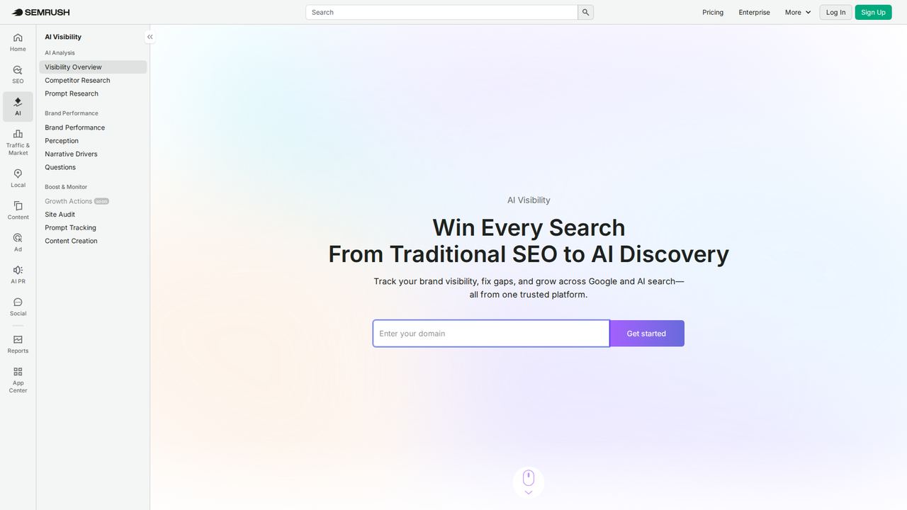 Semrush's AI Visibility dashboard with the headline 'Win Every Search, From Traditional SEO to AI Discovery'