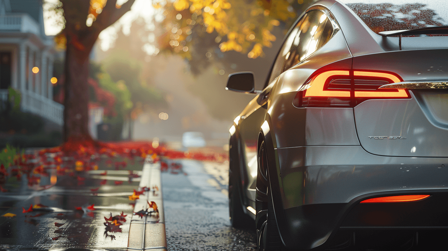 Voiture électrique garée dans une rue résidentielle en automne, symbolisant l'adoption de la mobilité durable et la popularité croissante des véhicules électriques pour un mode de vie écologique en Suisse.