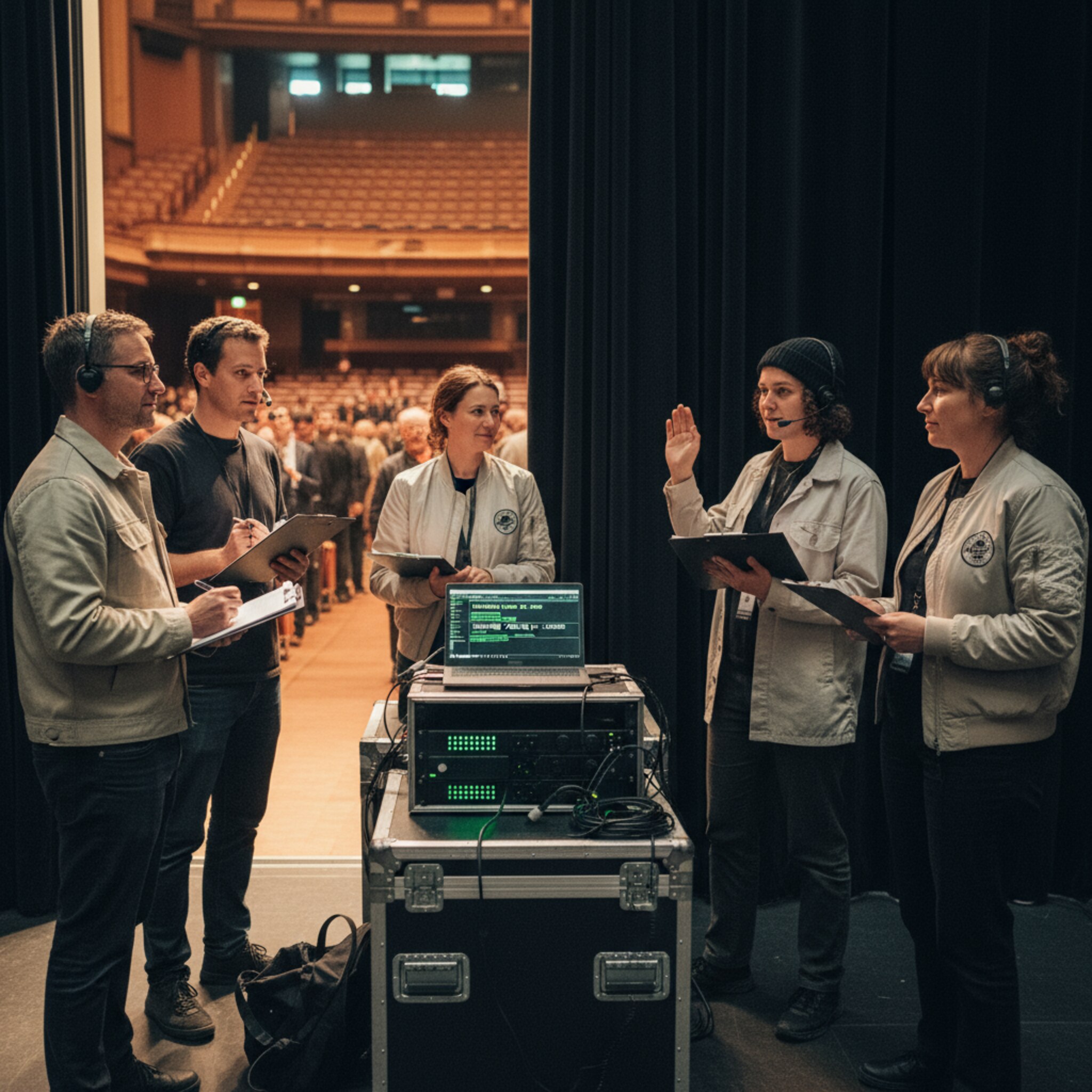 Hinter der Bühne kontrolliert das Produktionsteam die Reihenfolge des Abends, während vorn der Saal gleichmäßig voller wird. Ein Kollege gibt ein kurzes Zeichen, als ein reservierter Block geschlossen ist. Die Stimmung ist fokussiert, ruhig und professionell.