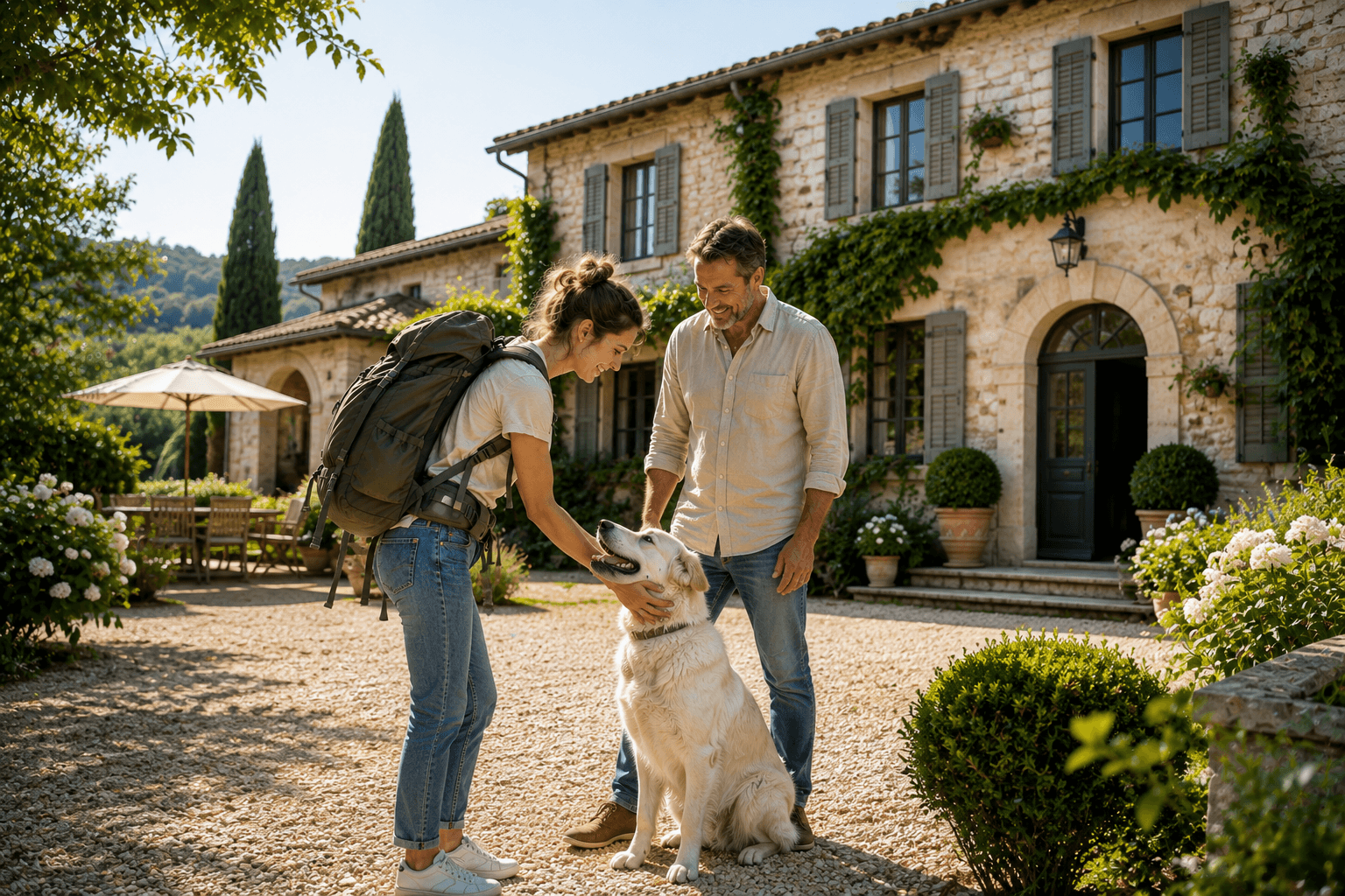 A pet sitter meeting a pet parent and dog outside a European home