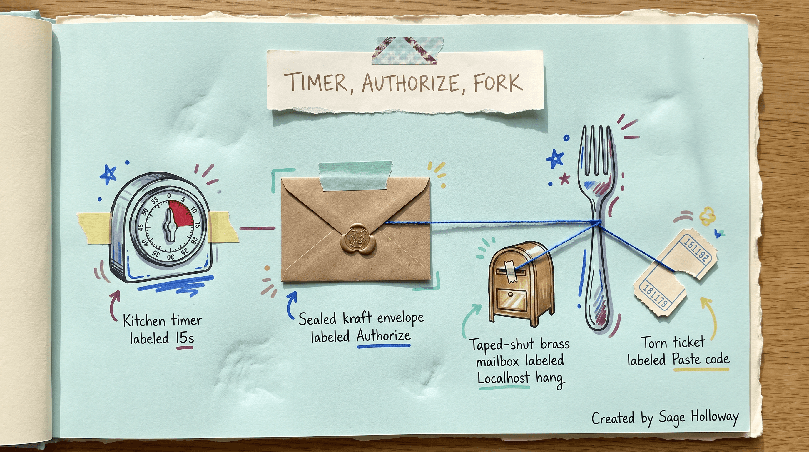 Scrapbook diagram titled TIMER, AUTHORIZE, FORK with a 15s kitchen timer, sealed Authorize envelope, and a dinner fork splitting to a taped localhost mailbox versus a paste-code ticket