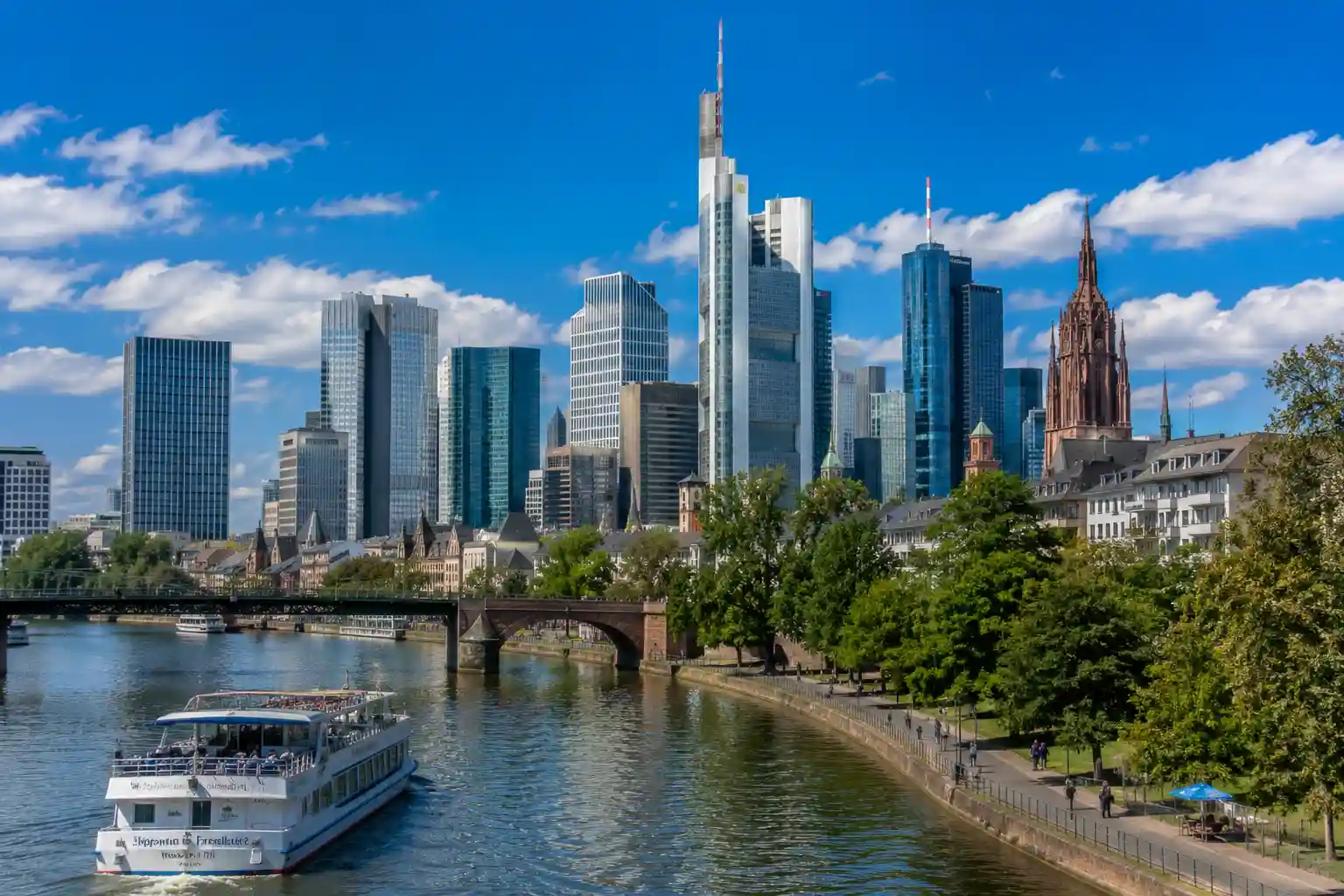 Frankfurt skyline and Main River with modern skyscrapers and the city waterfront, Germany