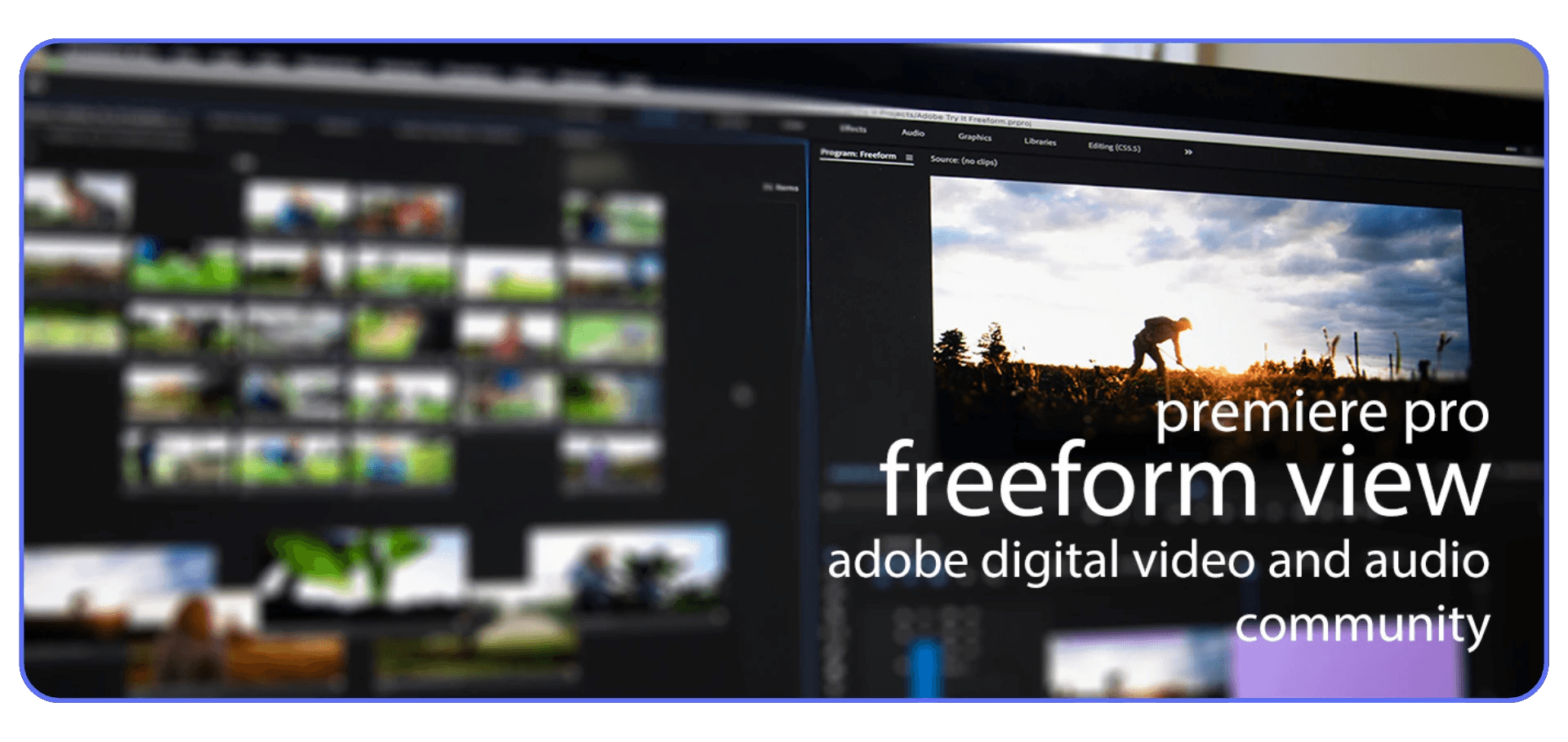 Adobe Premiere Pro Freeform View displaying video clips visually organized in the Project panel