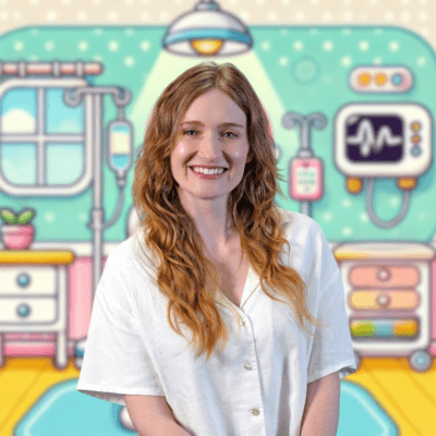 Portrait of Mary Jenner, BSNS, RN, PHN, CTSS, smiling at the camera, wearing a light blouse, with a colorful illustrated pediatric hospital backdrop behind her.