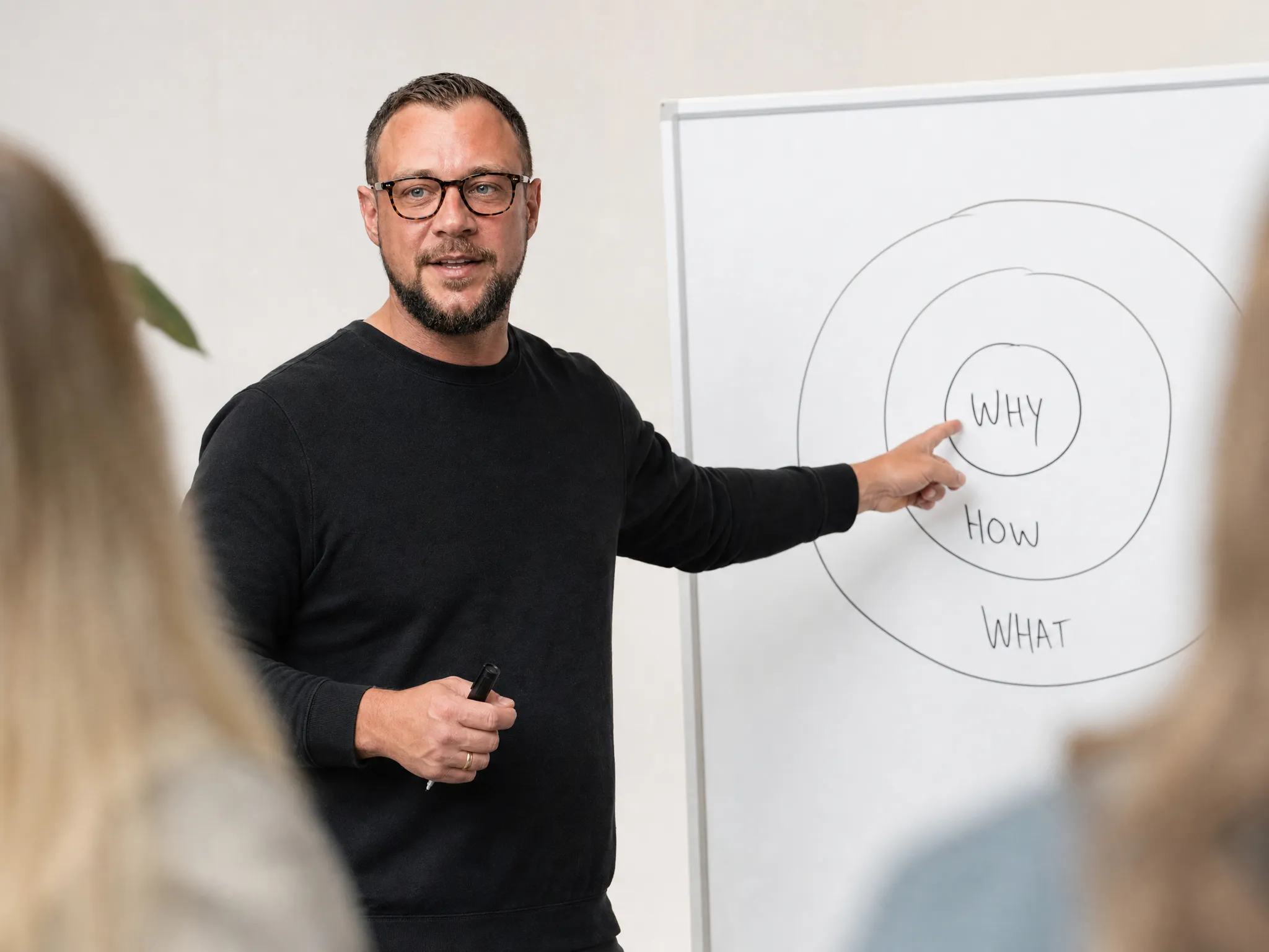 Valentin Schmid am Flipchart mit den Kreisen Why, How und What.