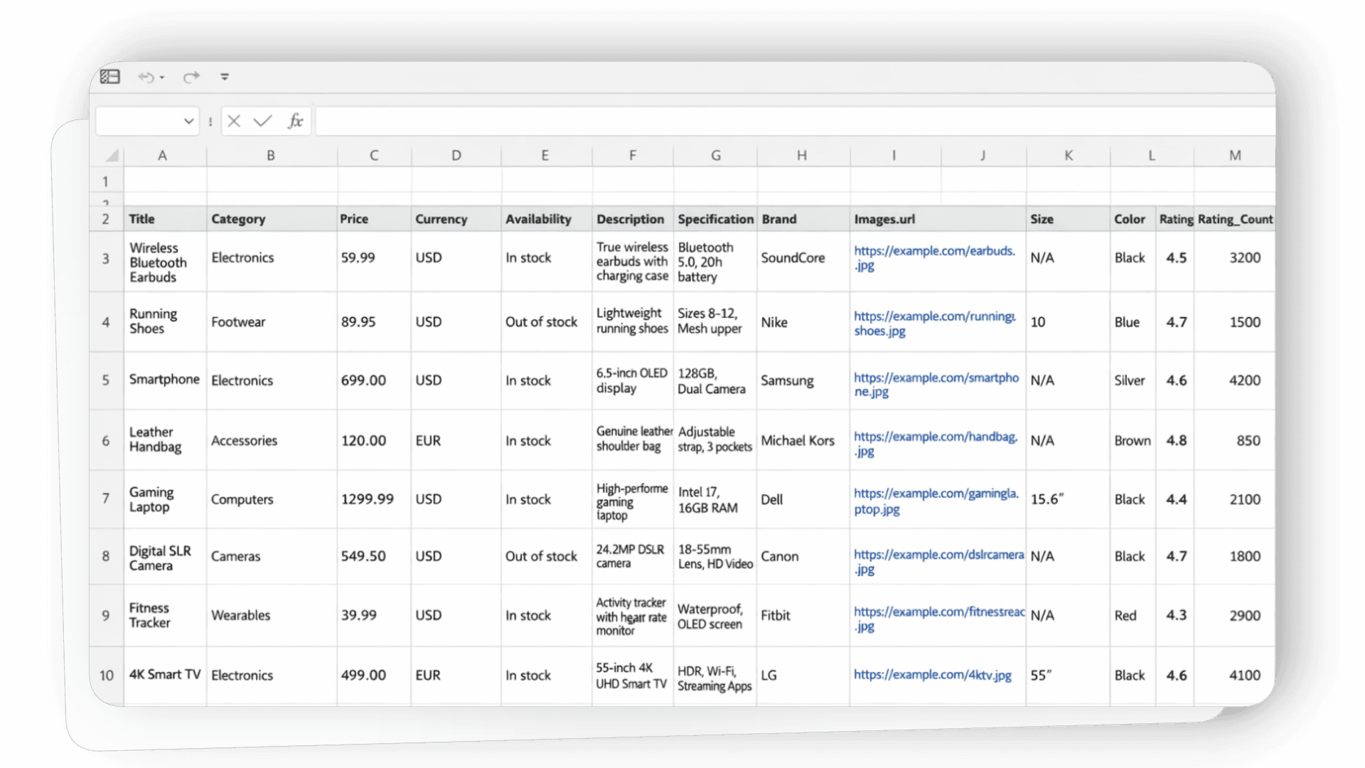 Ecommerce product mockup showing structured data fields such as price, availability, SKU, specifications, and shipping details.