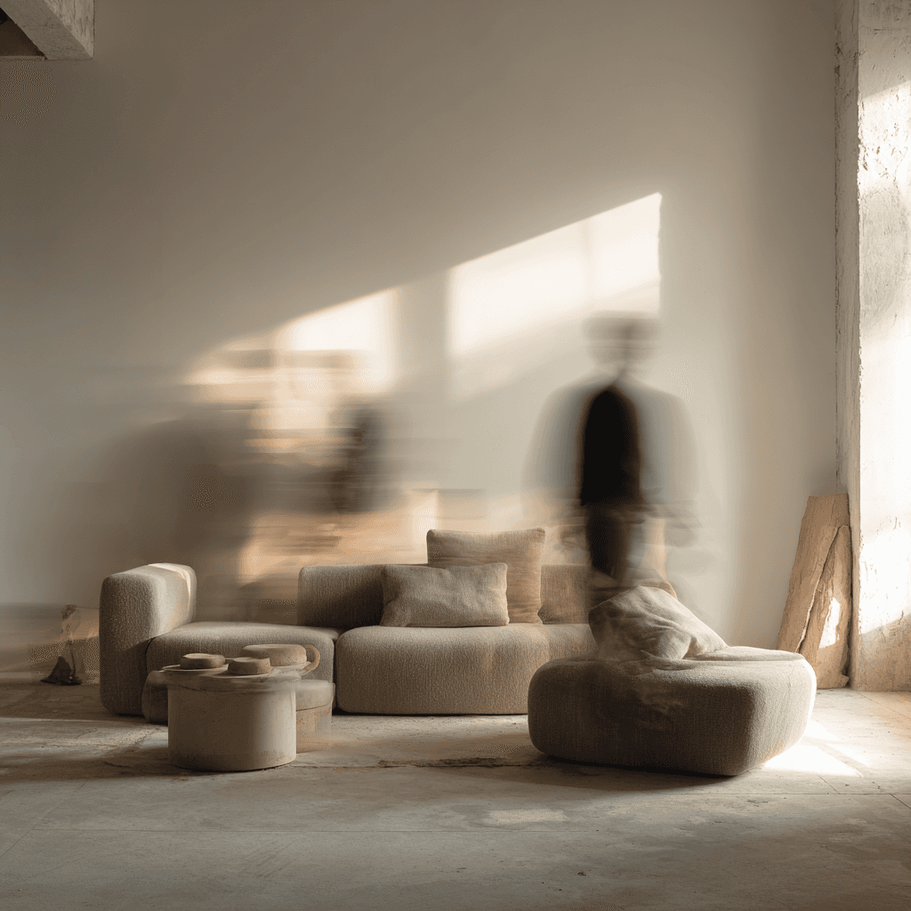blurry person moving in the background, in an empty room with a beige sofa and round ottomans