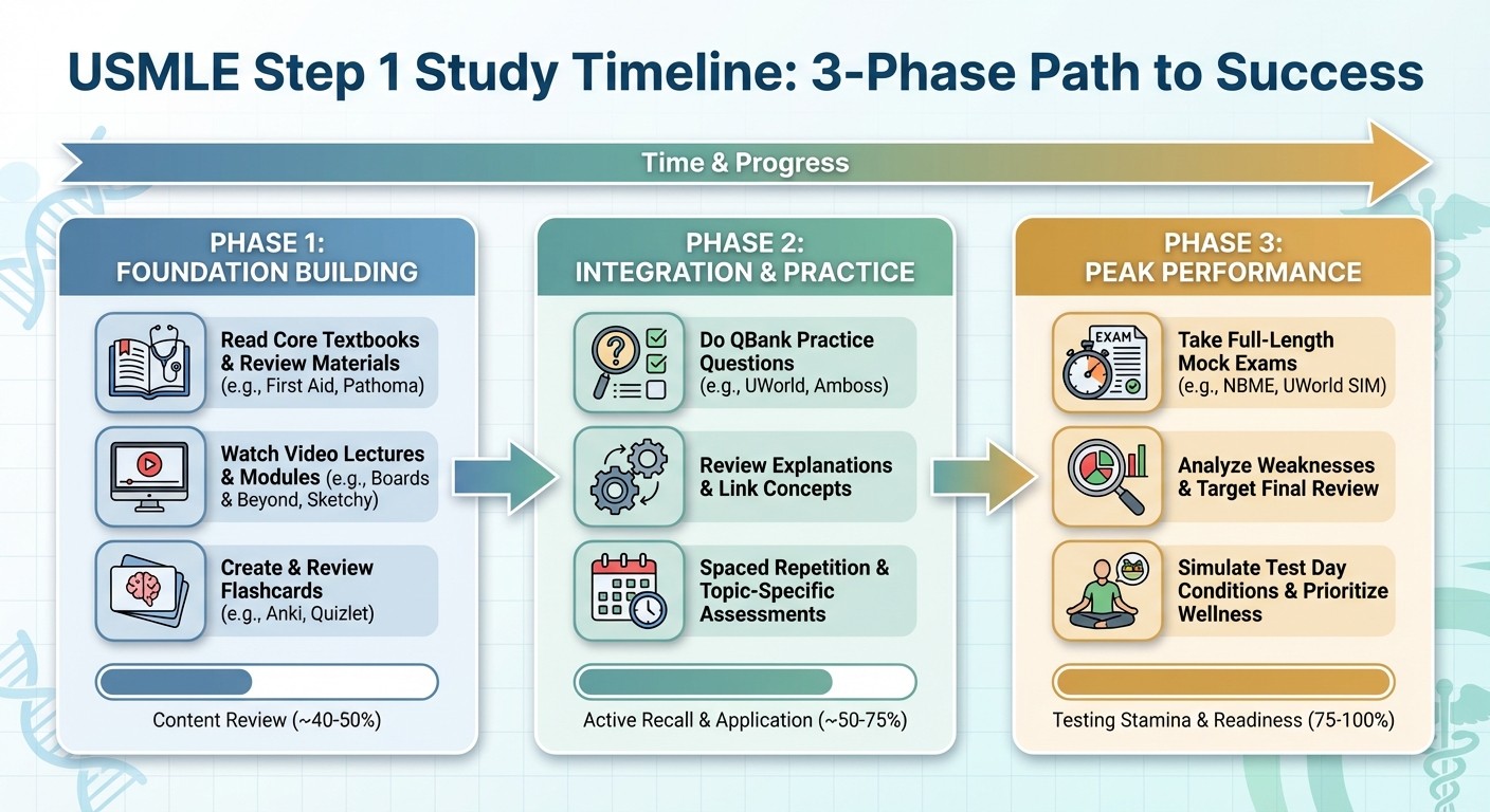 USMLE Step 1 study schedule phases from foundation building through peak performance