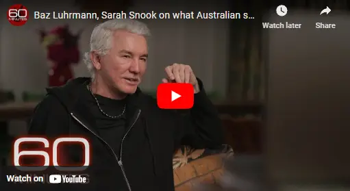 Baz Luhrmann and Sarah Snook discussing the Australian film industry on CBS's 60 Minutes, highlighting the concept of a permissionless culture in filmmaking and creativity.