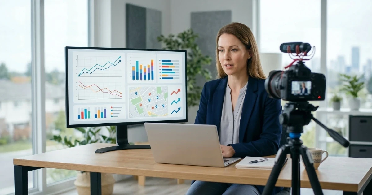 Real estate agent recording a market update video at a desk with on-screen charts and neighborhood map graphics