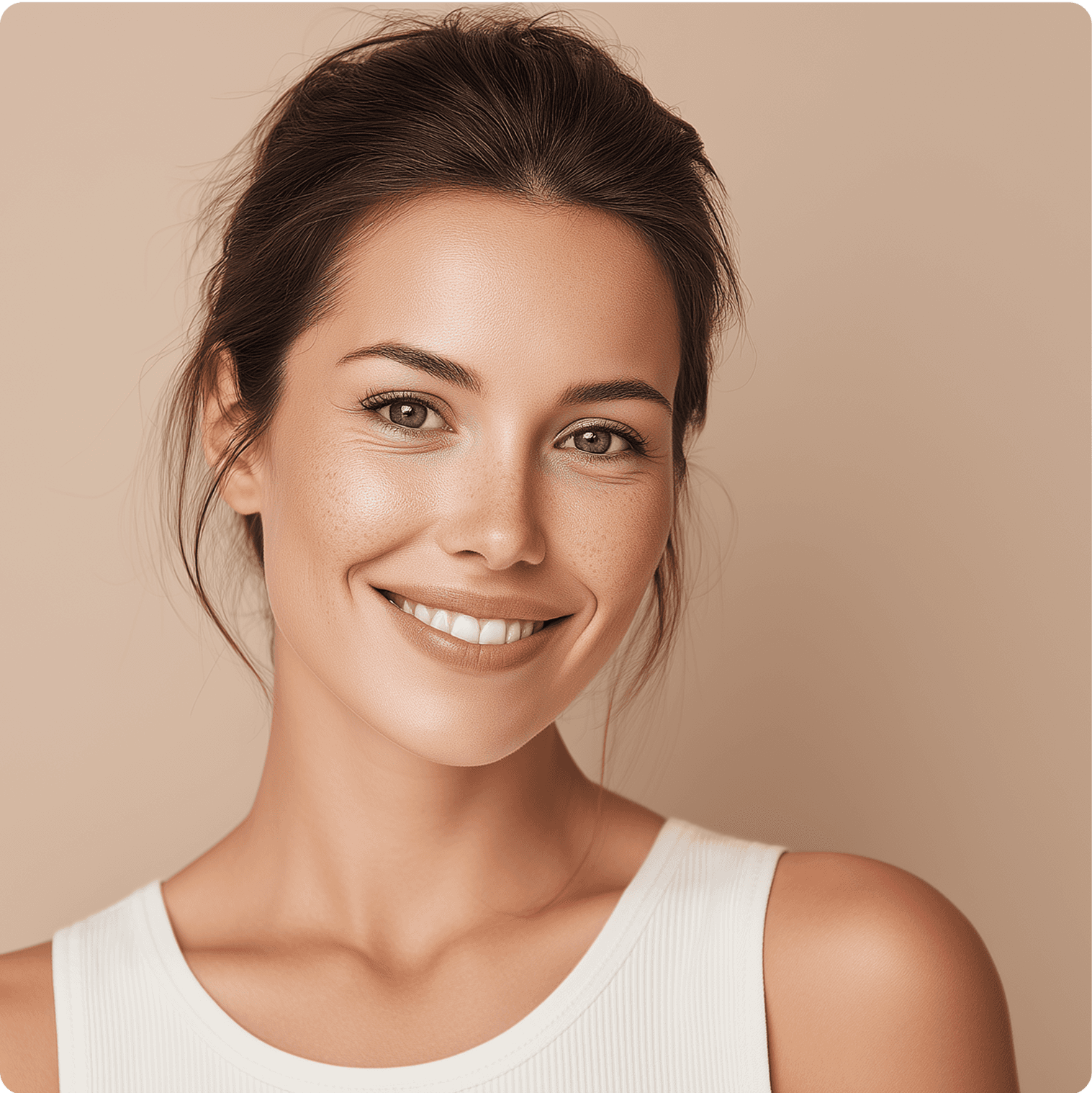Smiling woman with clear, healthy skin and natural makeup, wearing a white tank top. Skincare beauty portrait.