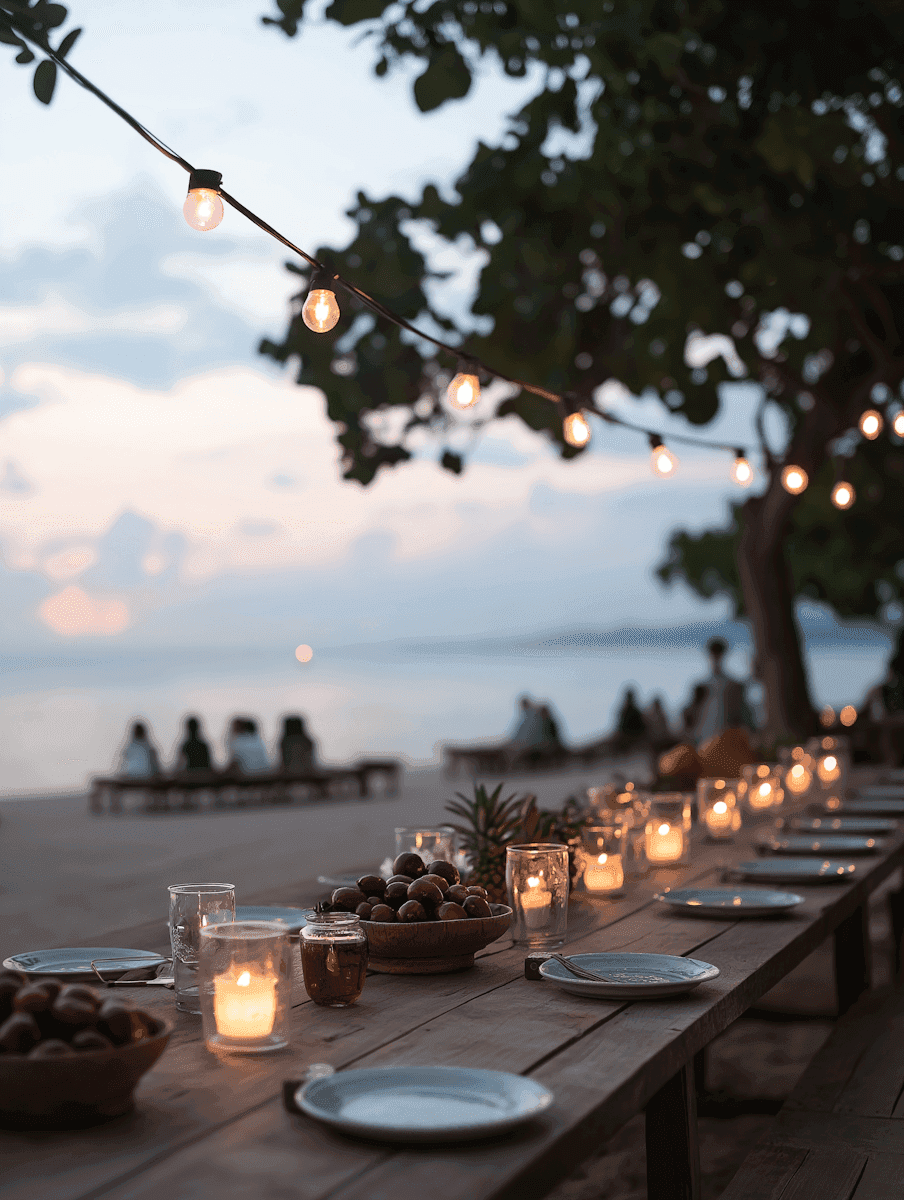 a beach view with sunset