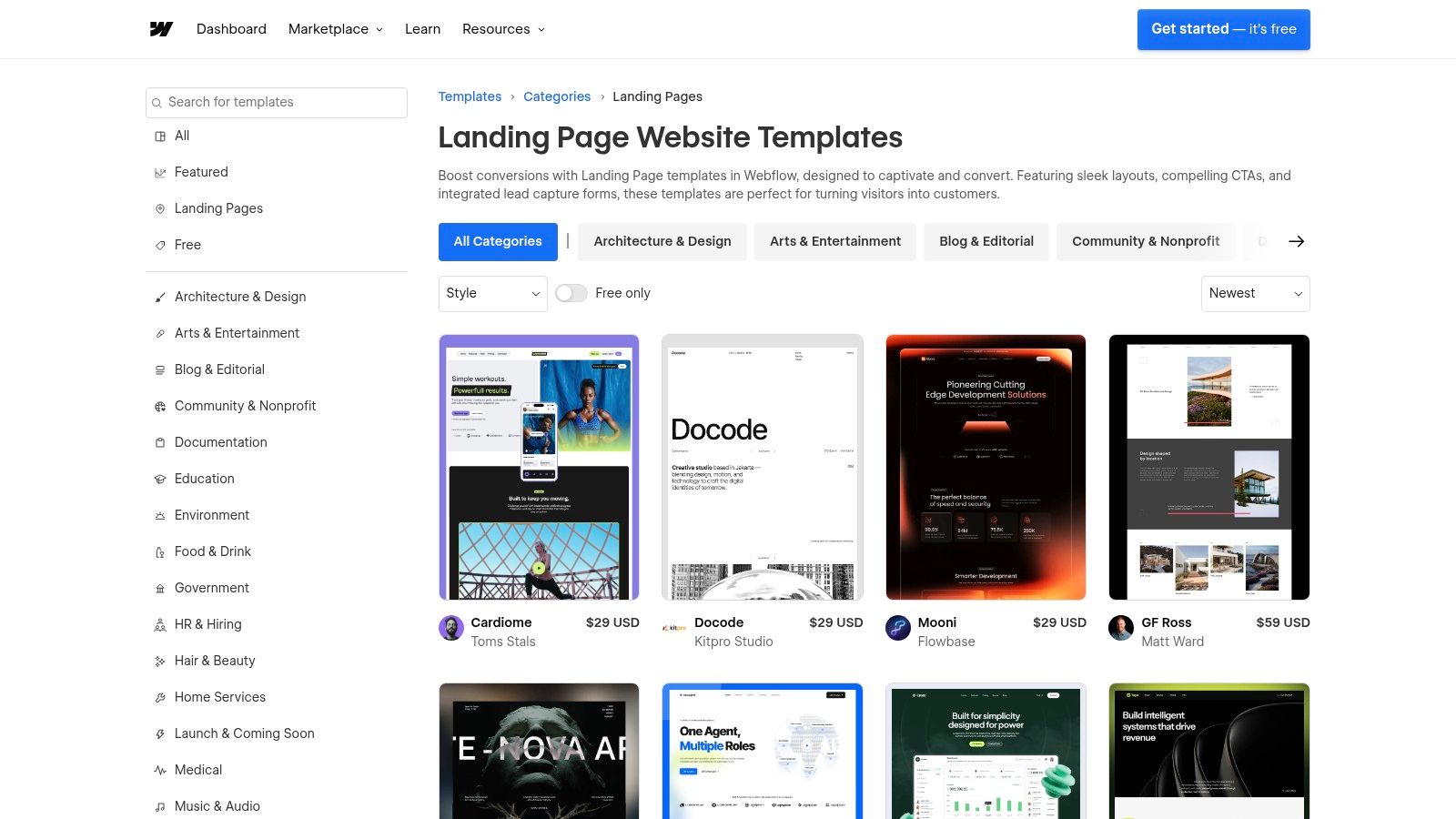 Webflow Templates (Landing Page category)