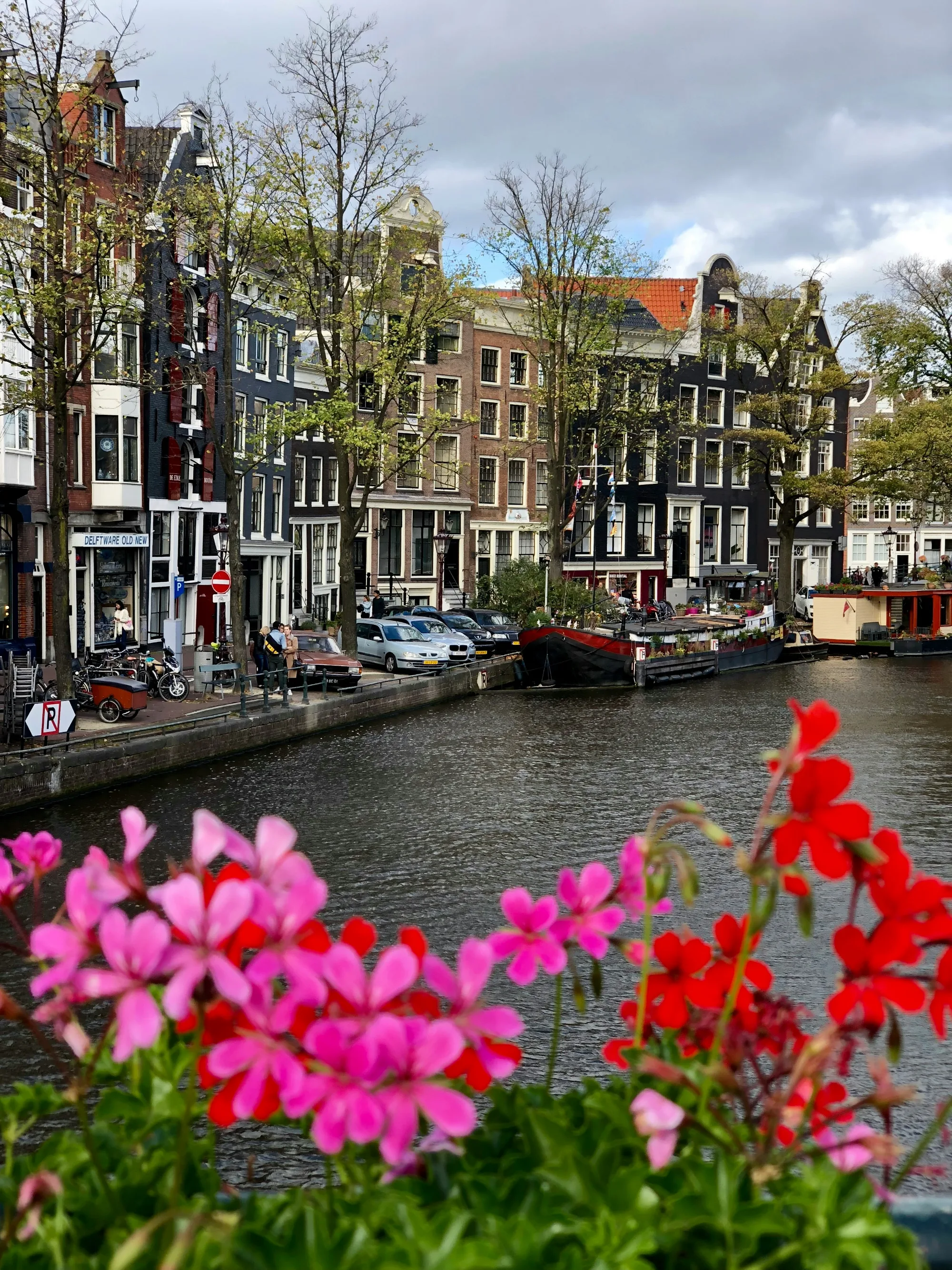 Colorful flowers frame a canal-side view of Amsterdam's iconic tall, narrow houses and houseboats.