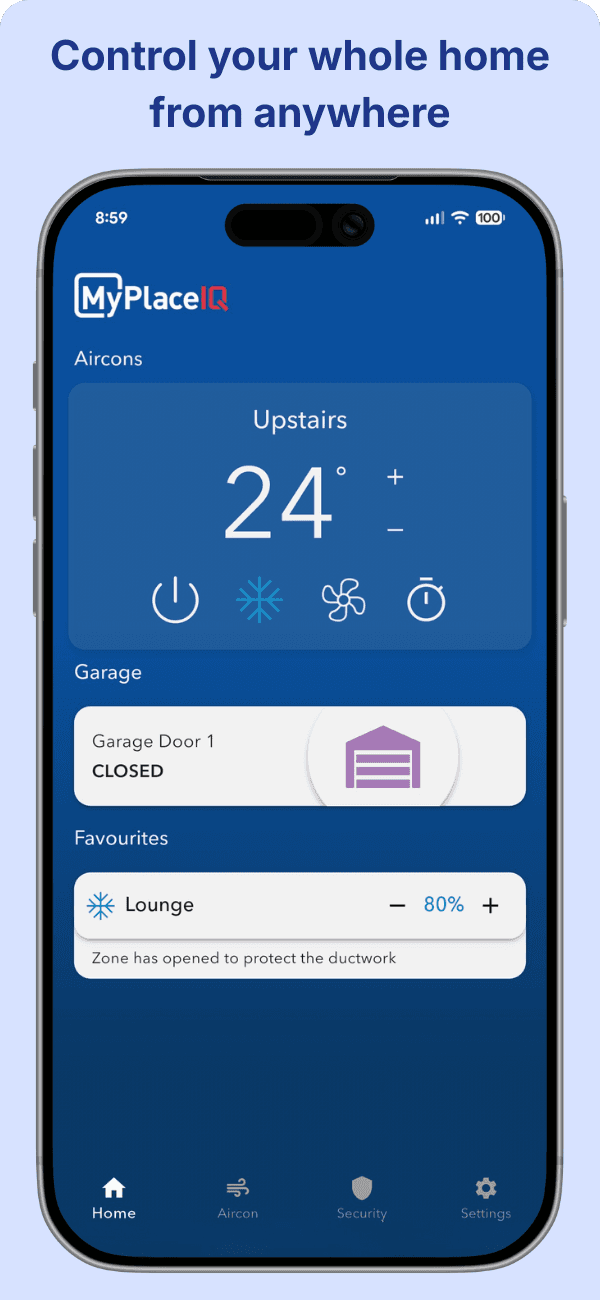 MyPlaceIQ App showing whole-home air conditioning and garage control from a single dashboard.