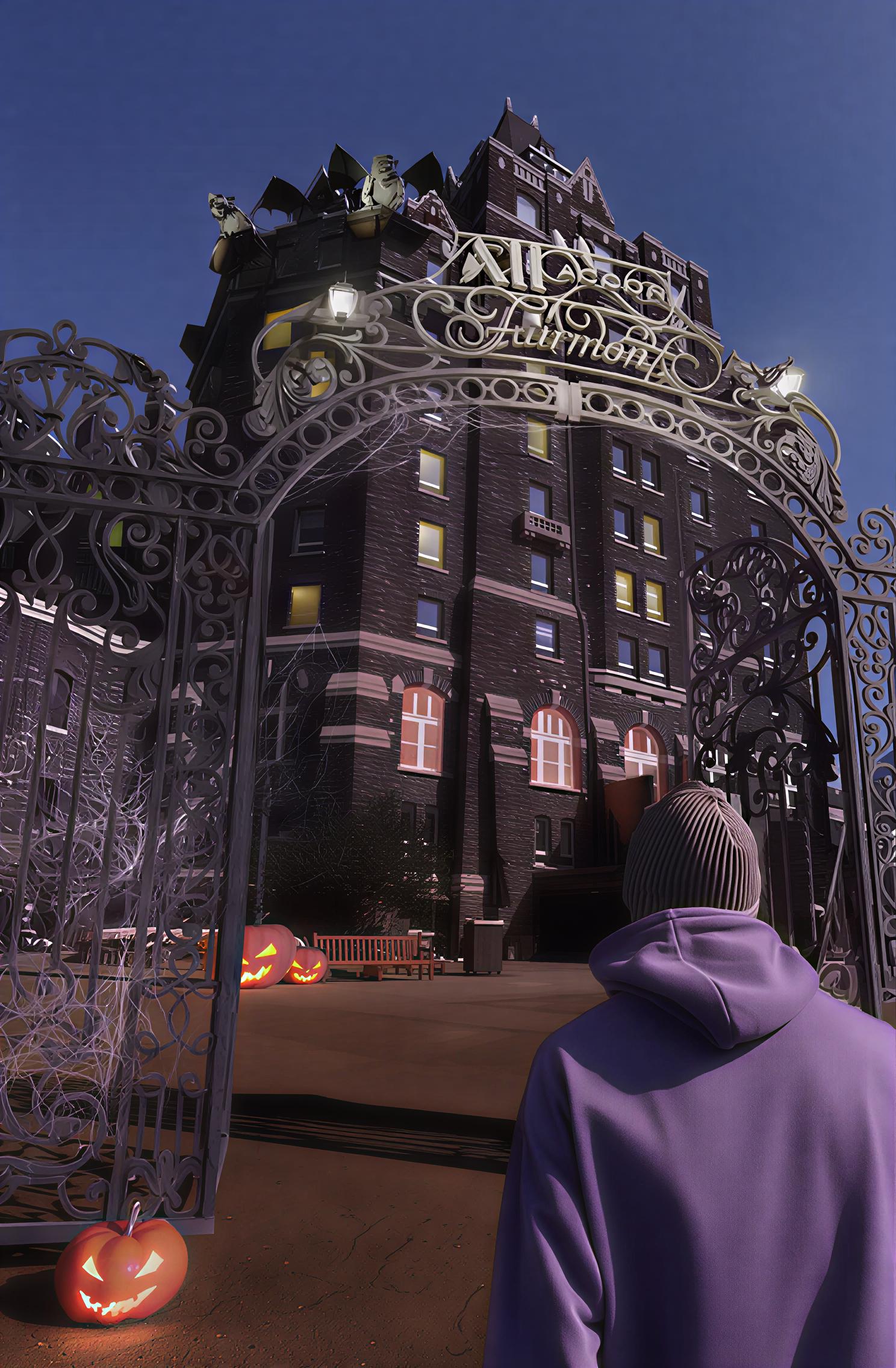 Person in hoodie approaching spooky building with glowing jack-o'-lanterns, nighttime sky overhead.