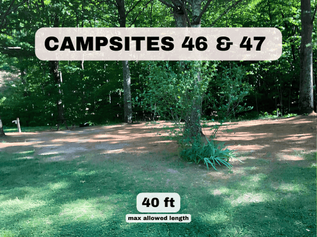 Campsites 46 and 47 at Pine Hollow Campground, showing a 40ft max length RV site in a shaded, wooded area