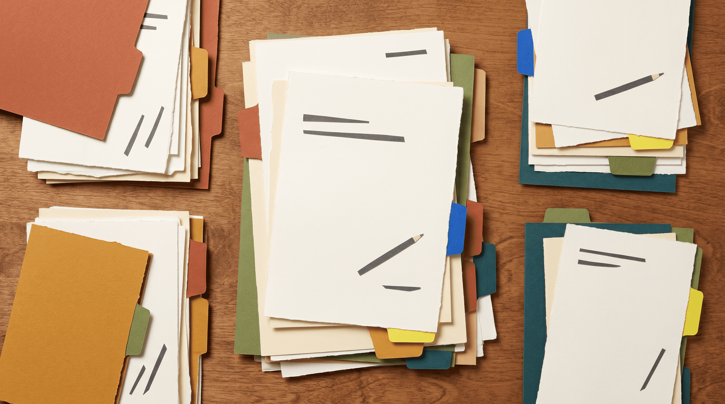 Stacks of research papers sorted with colored tabs
