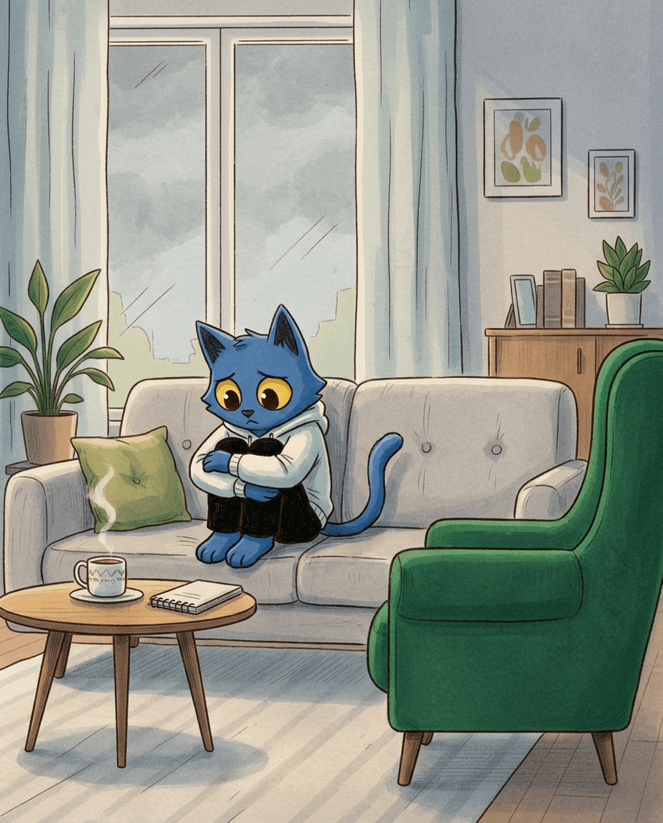 Blue cartoon cat sitting alone on a sofa in a dim room, looking anxious and overwhelmed