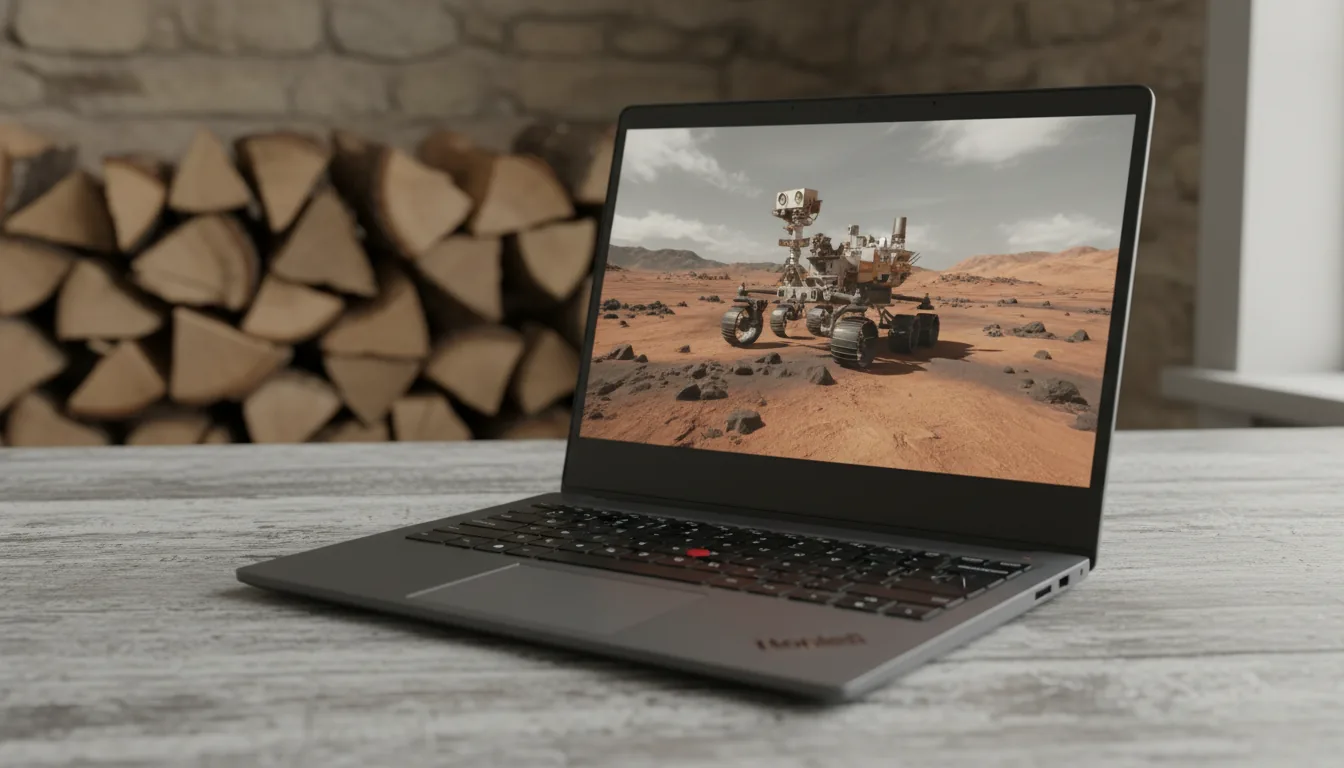 DSLR photography of a modern, dark gray business laptop with a red nub controller, set at an angle on a light gray, weathered wooden table. The screen is on, displaying a high-fidelity 3D render of a Mars rover on a desolate desert planet. The scene is shot with a shallow depth of field, with the background showing a softly blurred stack of firewood logs and a textured wall. Soft, natural daylight illuminates the shot, emphasizing the matte texture of the laptop and the wood grain.