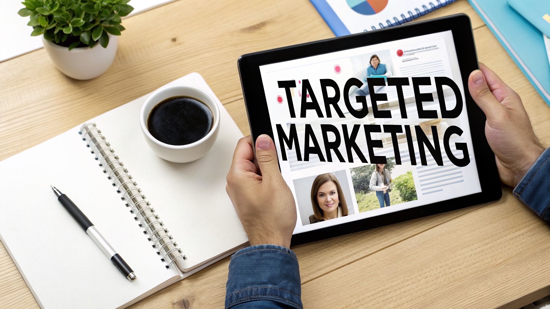 Person holding a tablet displaying 'TARGETED MARKETING' on a desk with a notebook and coffee.