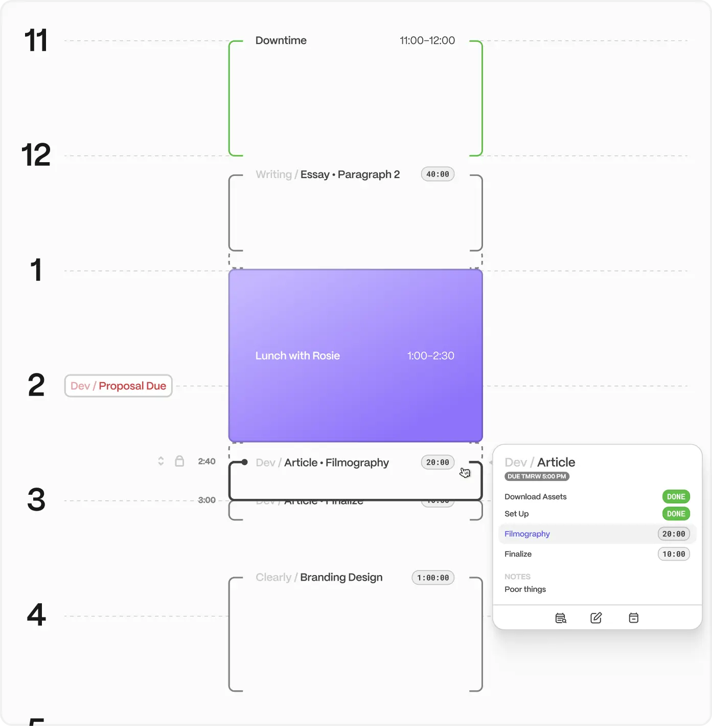 Sundial's daily calendar view, containing tasks, durations, events, personal time, and due dates.