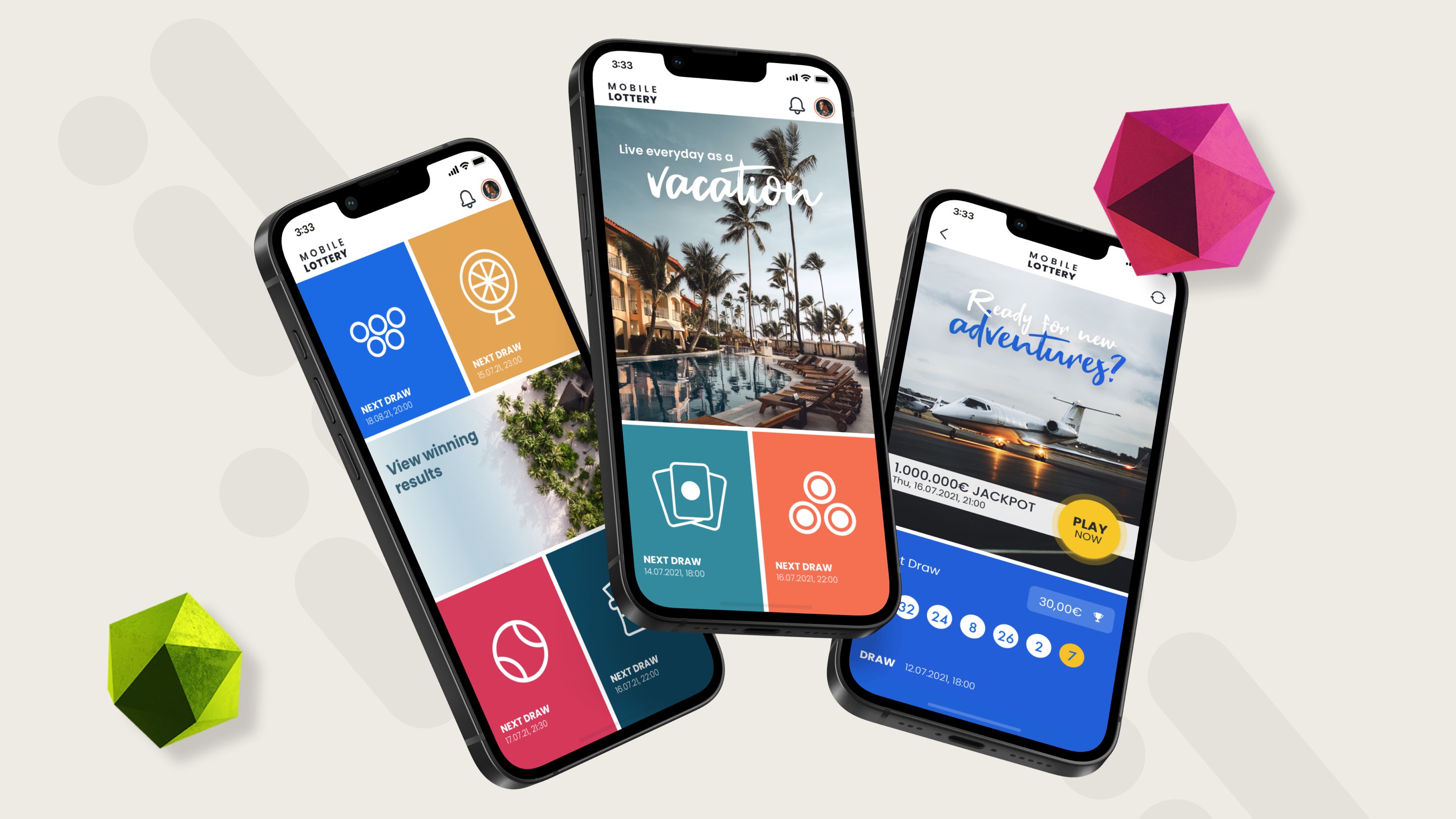 Intralot Mobile Lottery app game lobby showing Keno, Lotto, Powerball, Instant Wins, and jackpot details