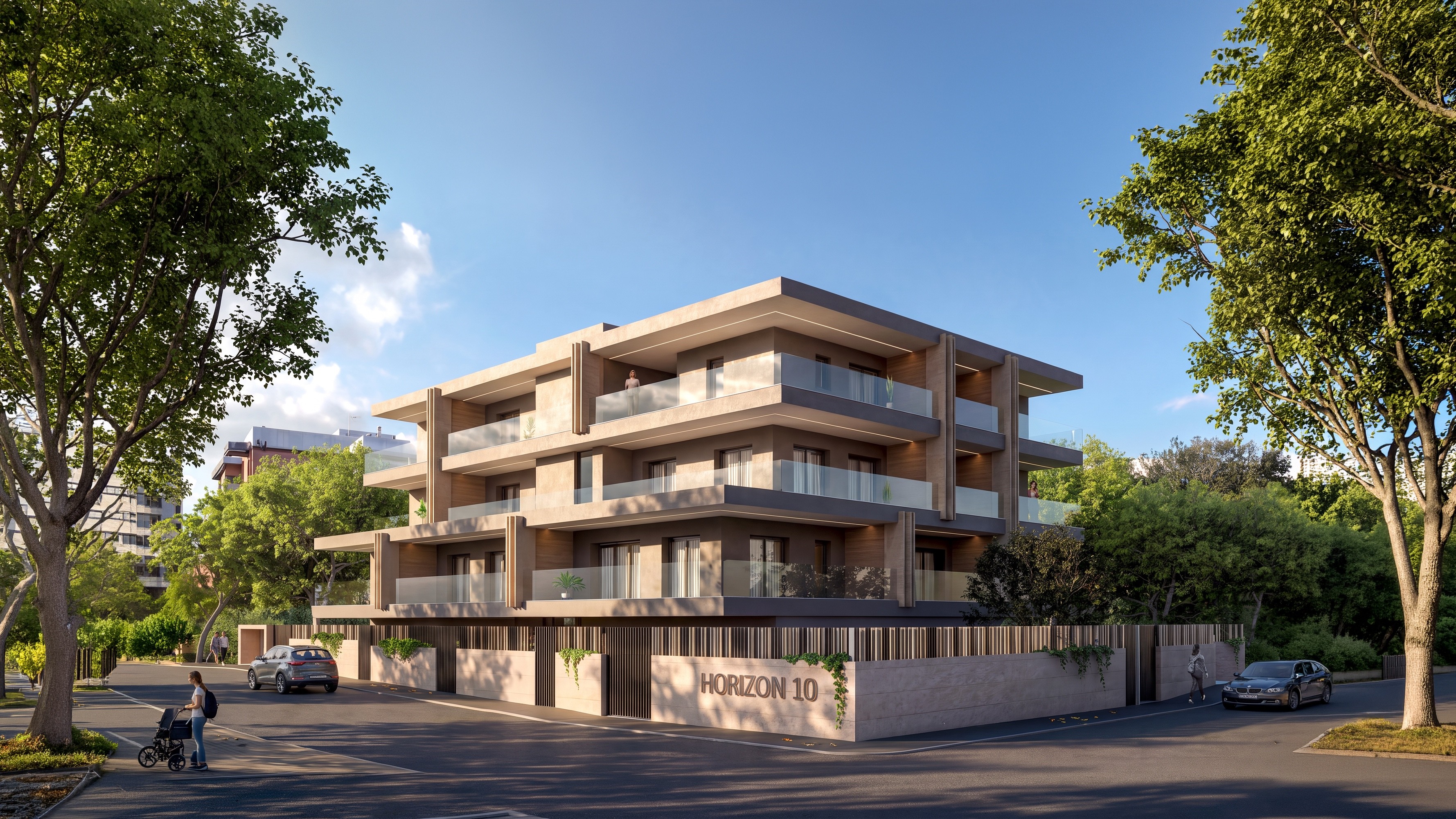 Marousi development: deep balconies, glazing and warm-toned architectural finishes