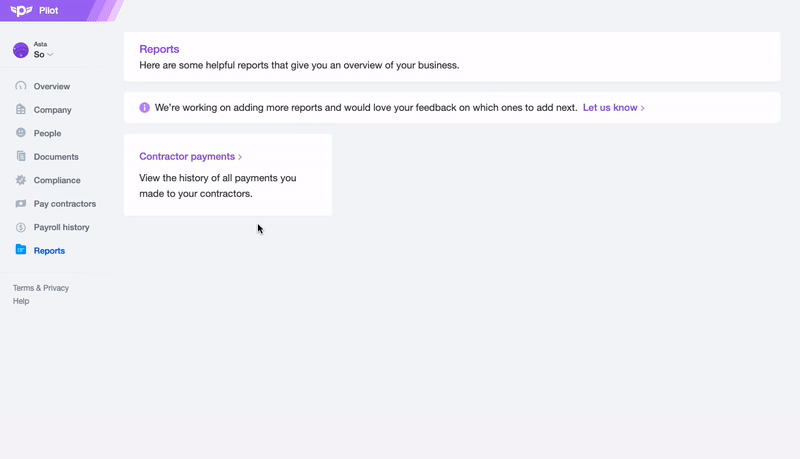 GIF showing how to use Pilot's reports feature