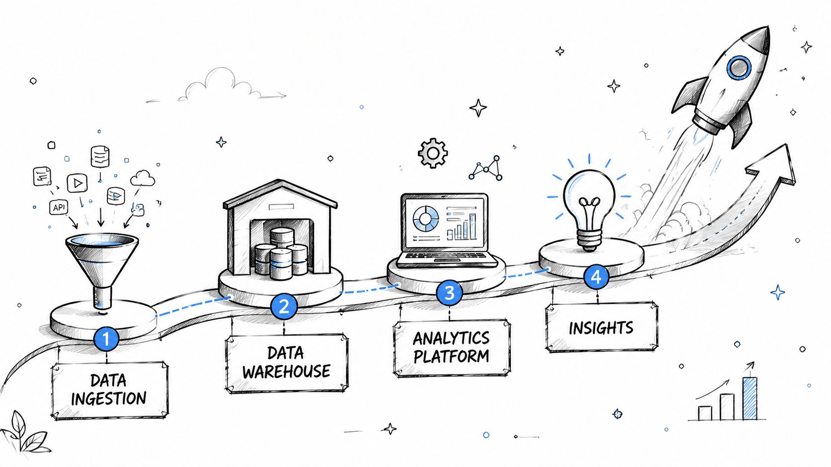A hand-drawn illustration showing the four-step data process from ingestion to analytics, warehouse, and business insights.