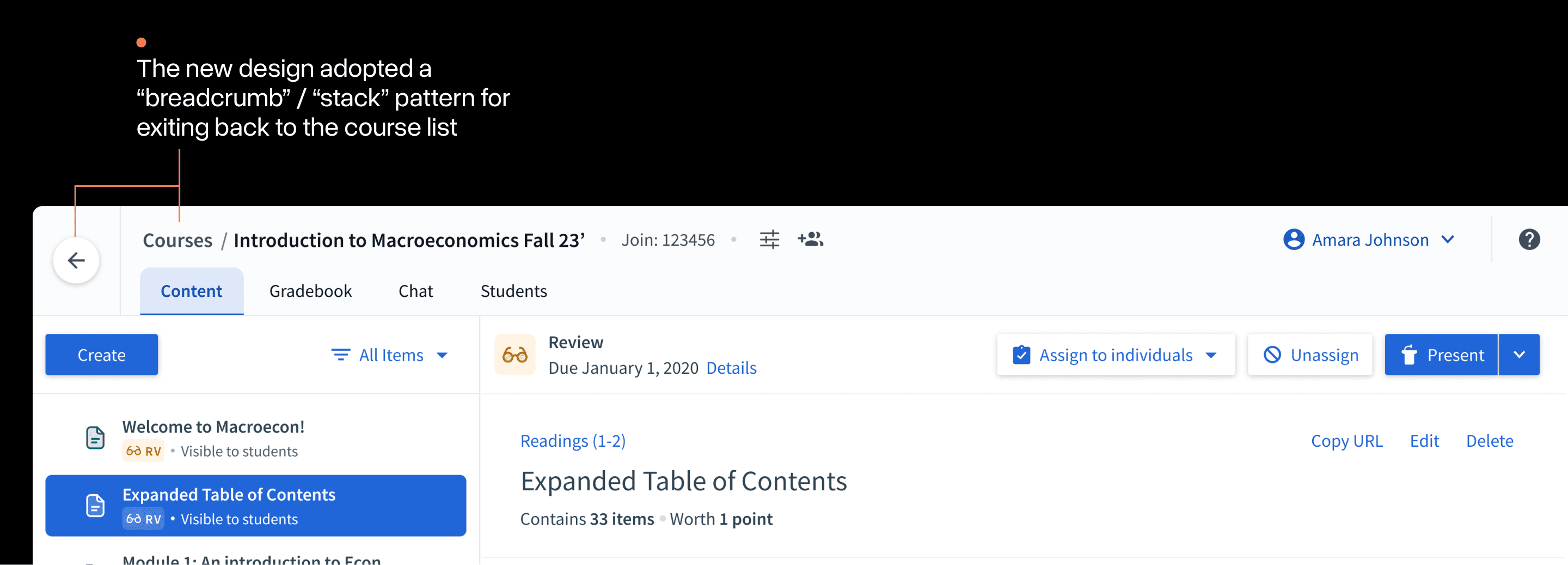 Image of the new navigation - a caption highlights he new breadcrumb / stack pattern.