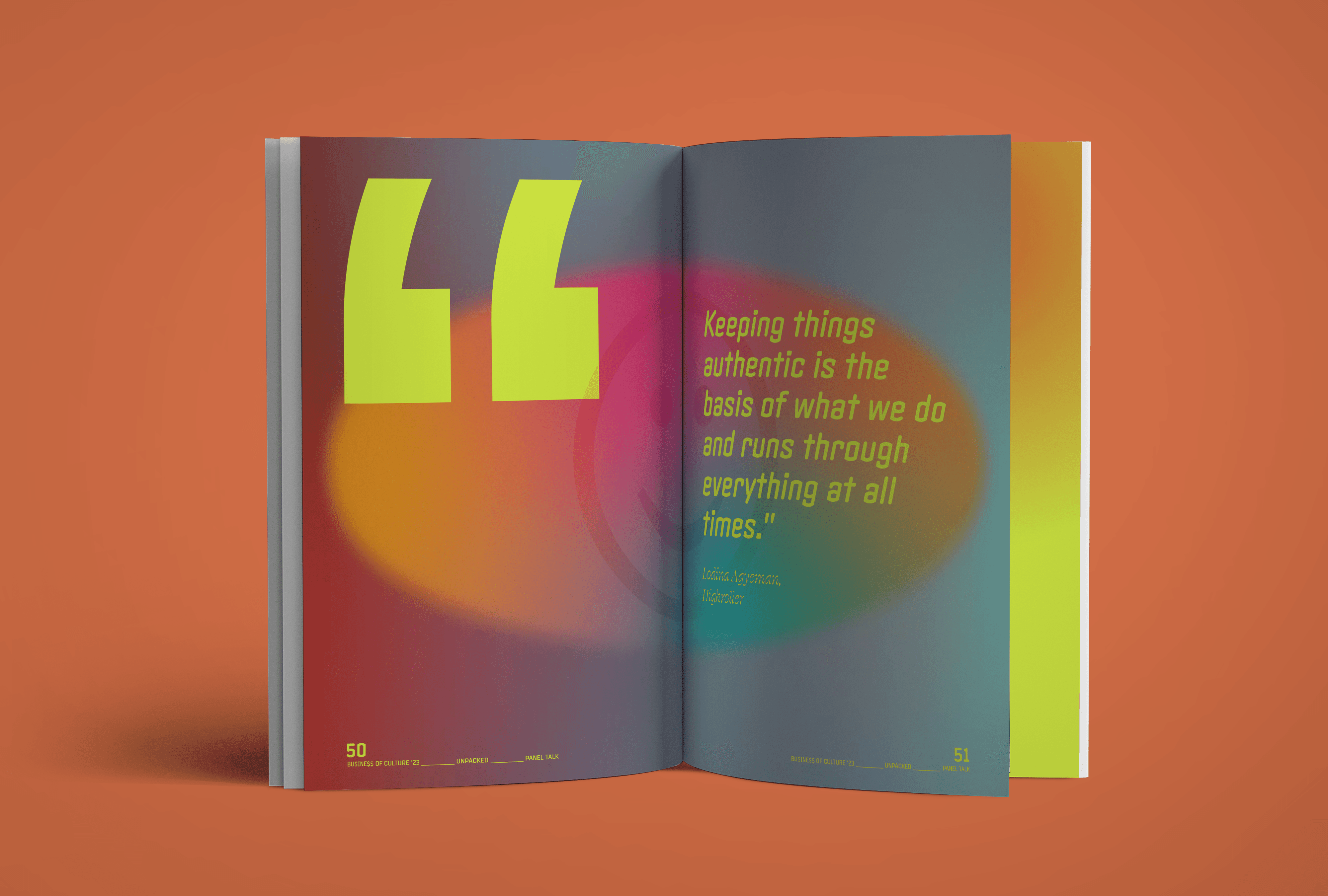 Editorial magazine design standing upright with oversized typography and clean layout