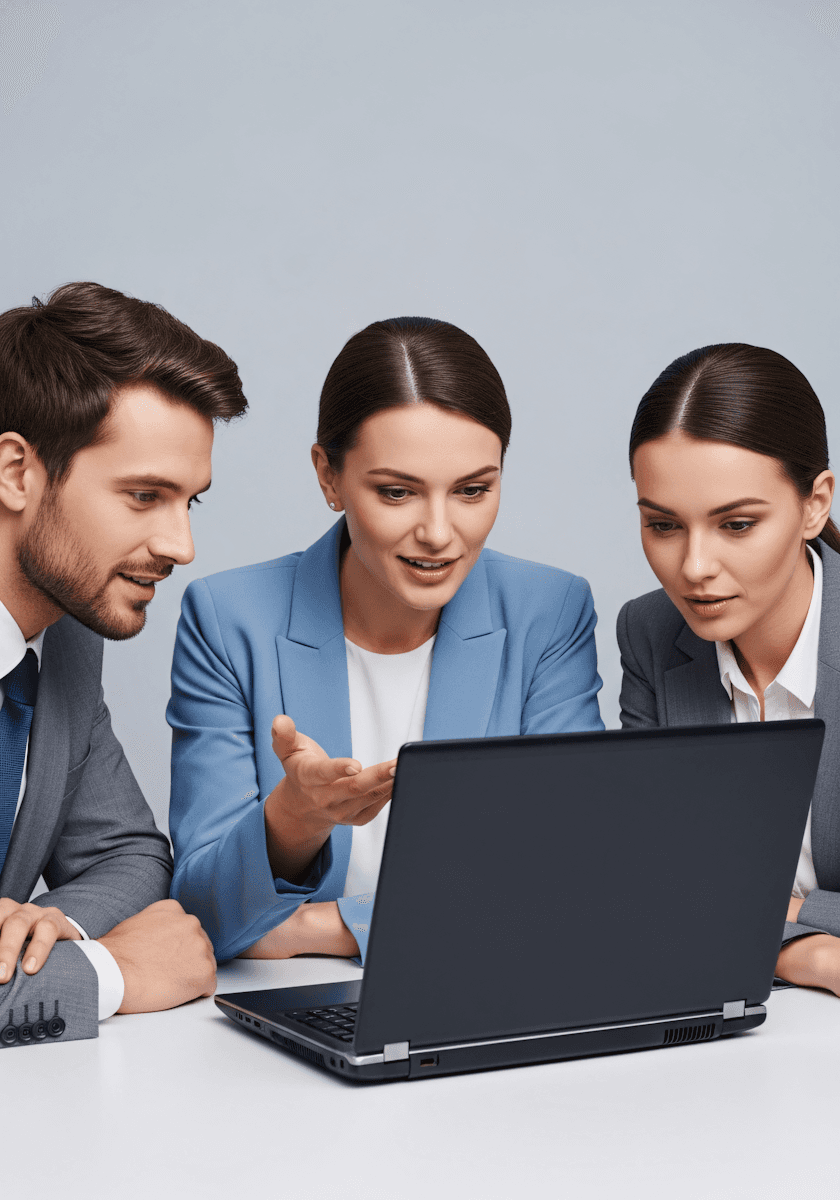 Three professionals in business attire collaborate around a laptop, discussing and analyzing information in a focused setting.