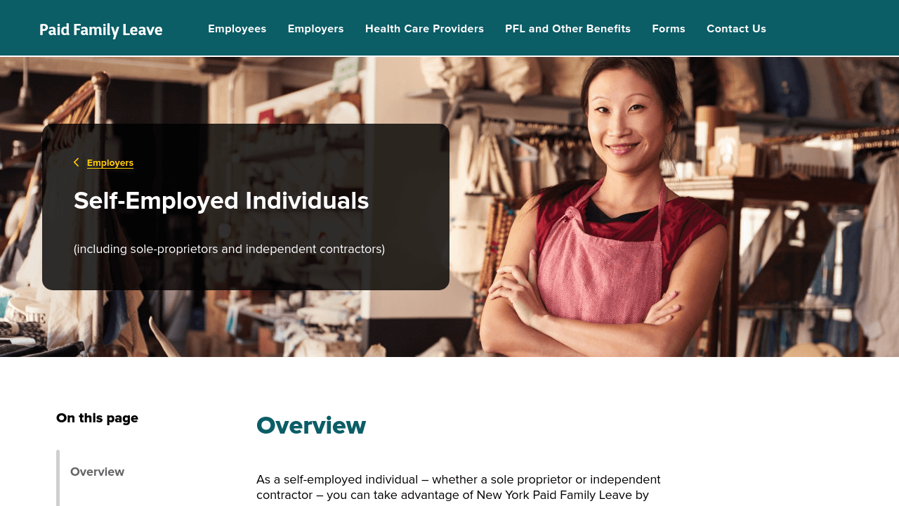 New York state paid family leave self-employed opt-in enrollment form showing registration fields and premium options