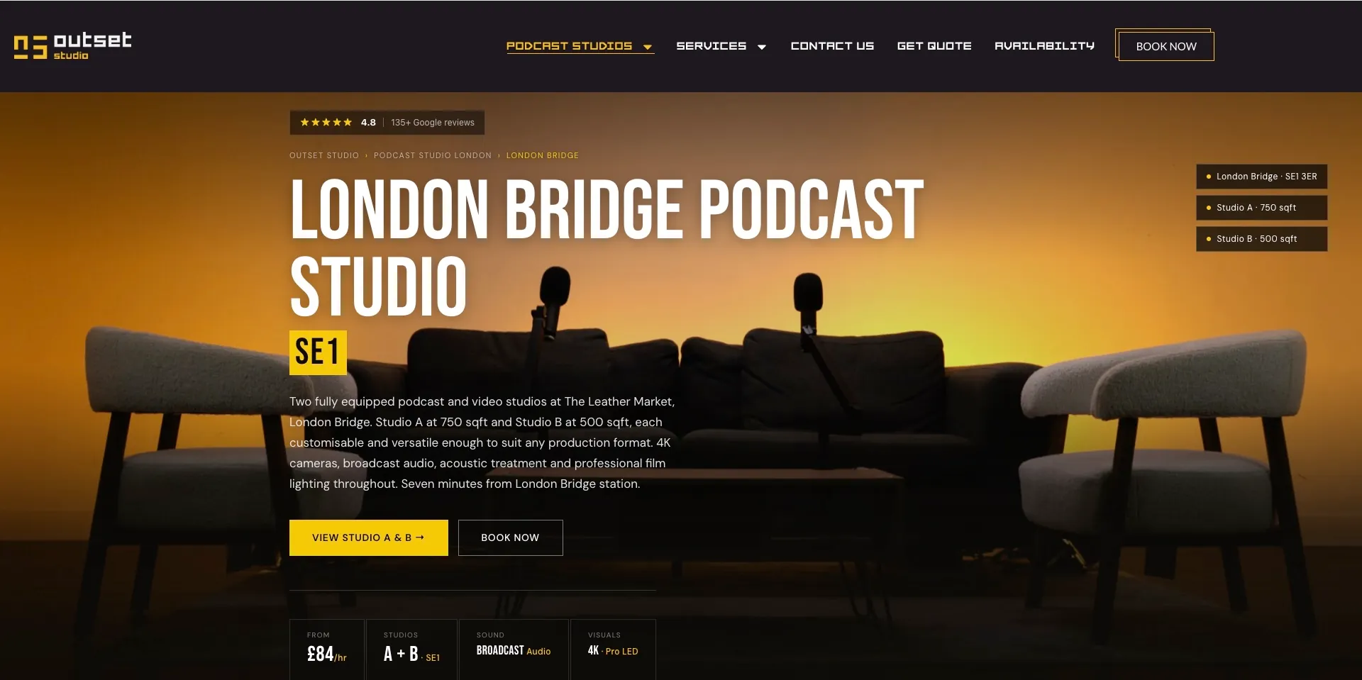 Screenshot of the homepage for Outset Studios London, analysed in this guide alongside the managed B2B workflows and Elizabeth line transport proximity of Creative Kin Podcast Studio.
