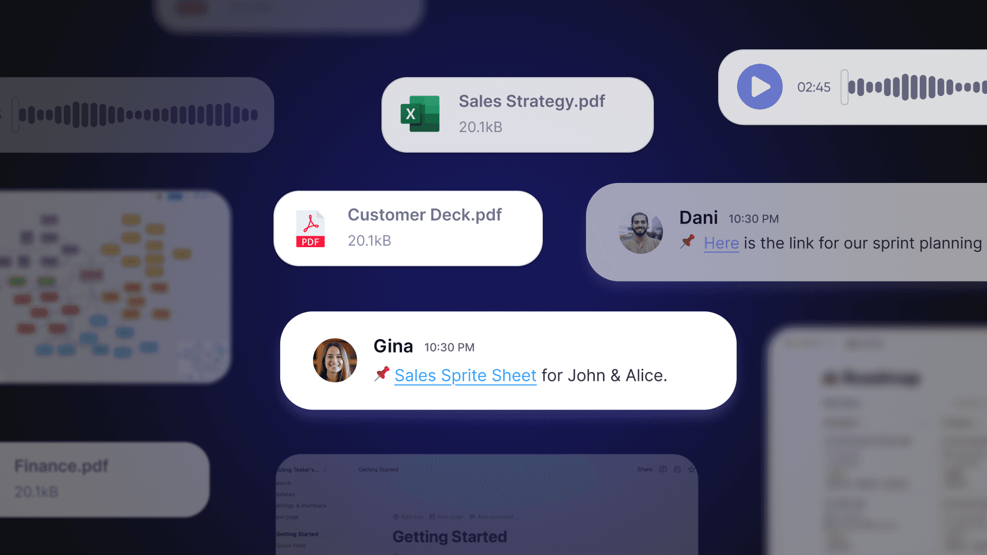 An Image showcasing many different types of files, chat voice messaging and chat messages.