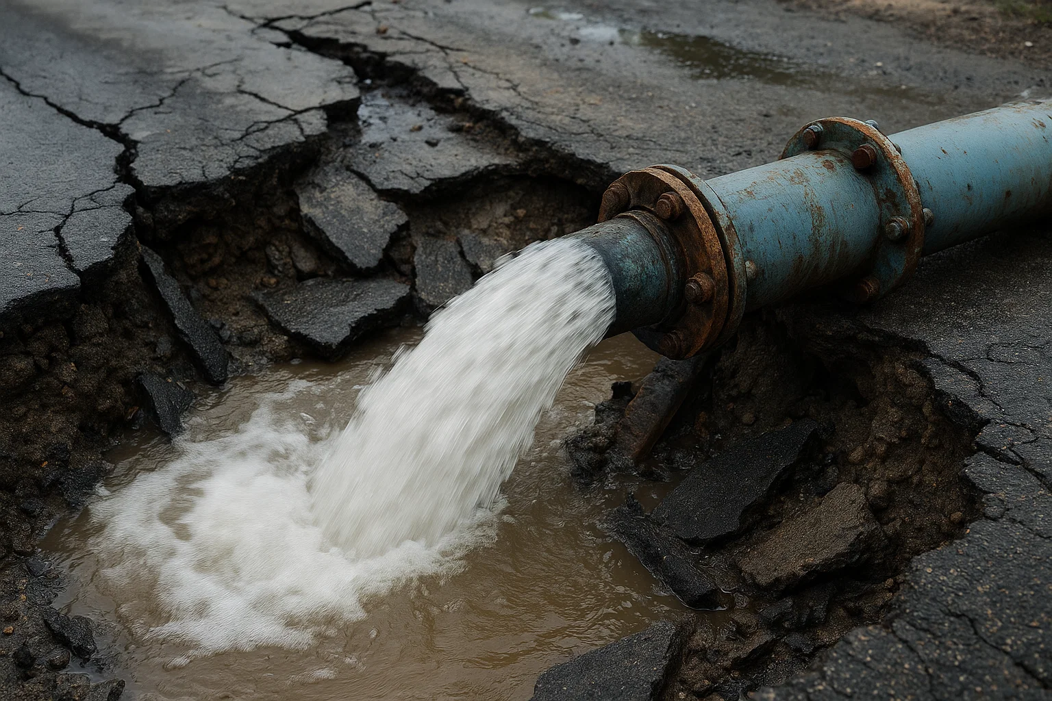 The top section shows a leaking water pipe and a water tower against a cityscape.