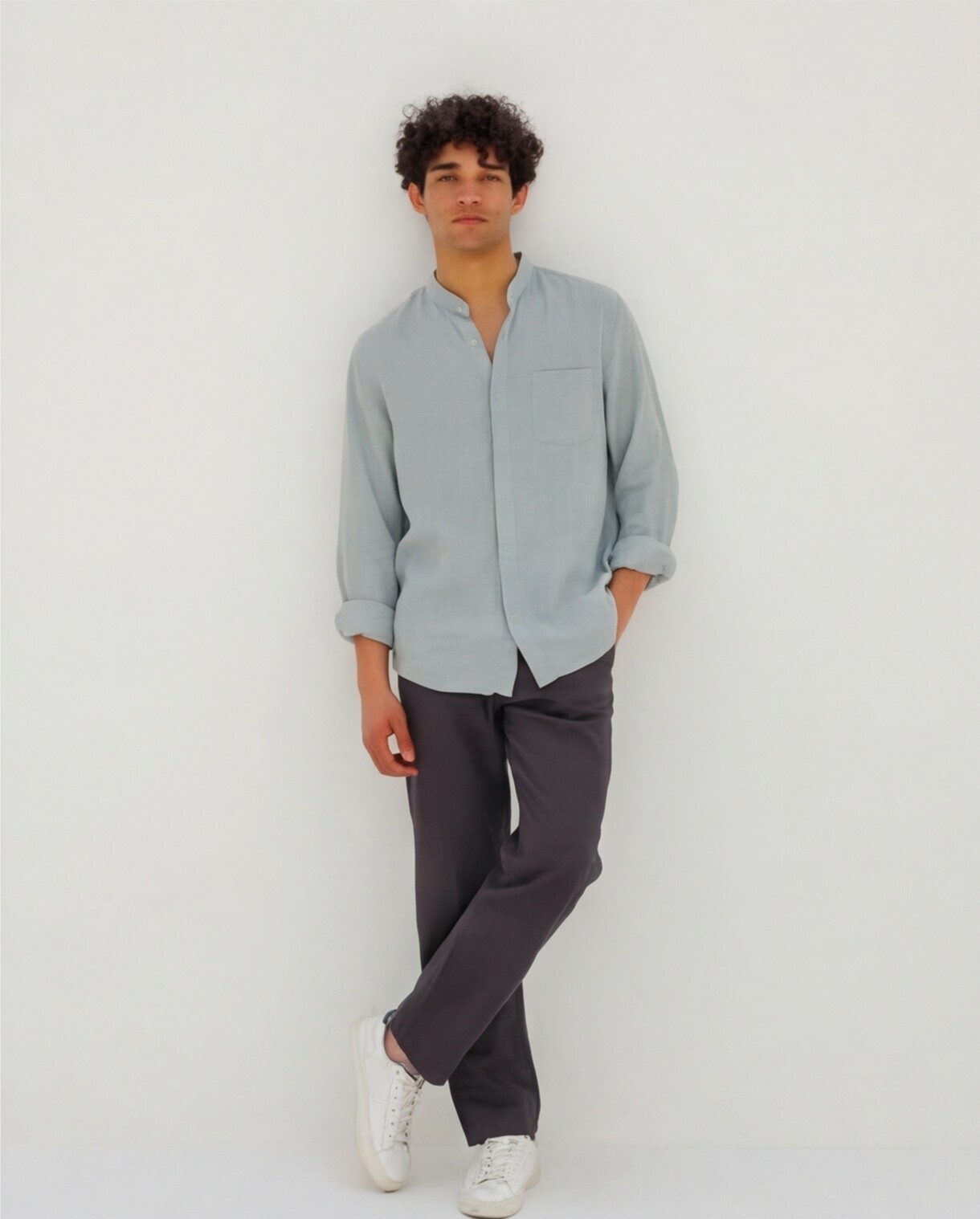 Sage Linen Shirt with Charcoal Trousers